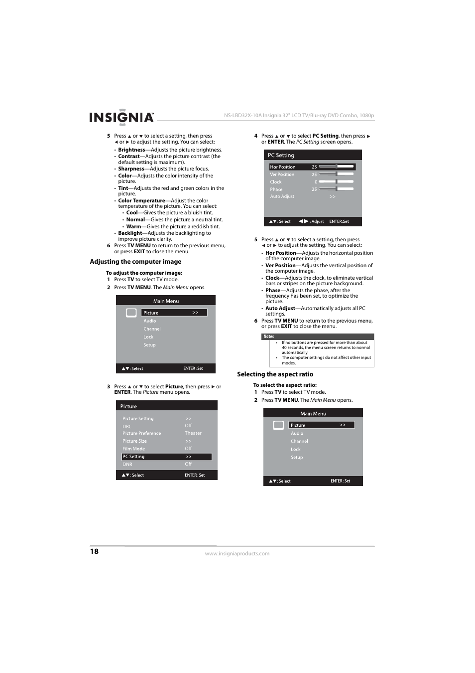 Adjusting the computer image, Selecting the aspect ratio, Adjusting the computer | Image | Insignia NS-LBD32X-10A User Manual | Page 22 / 64