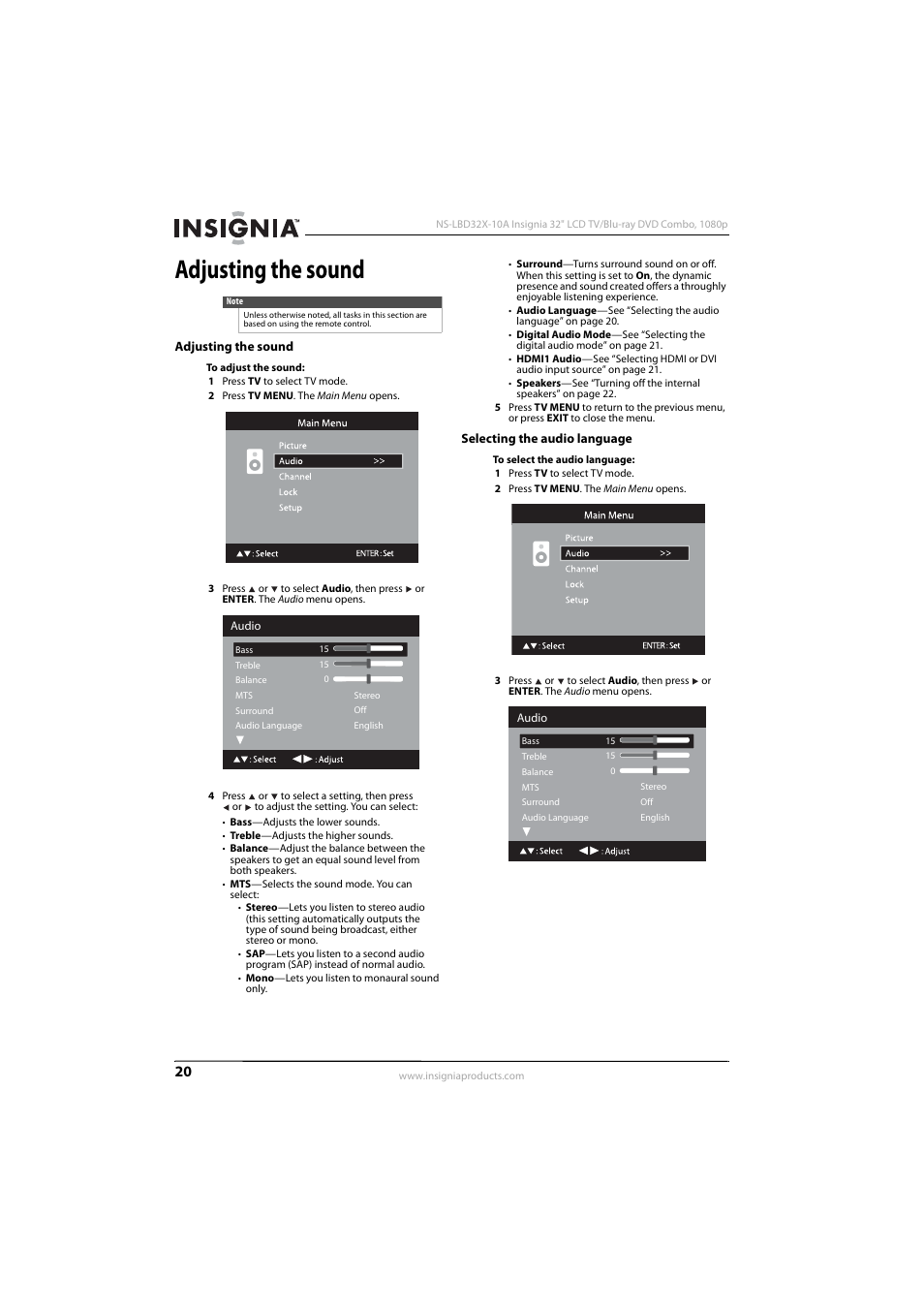 Adjusting the sound, Selecting the audio language, Adjusting the sound selecting the audio language | Insignia NS-LBD32X-10A User Manual | Page 24 / 64