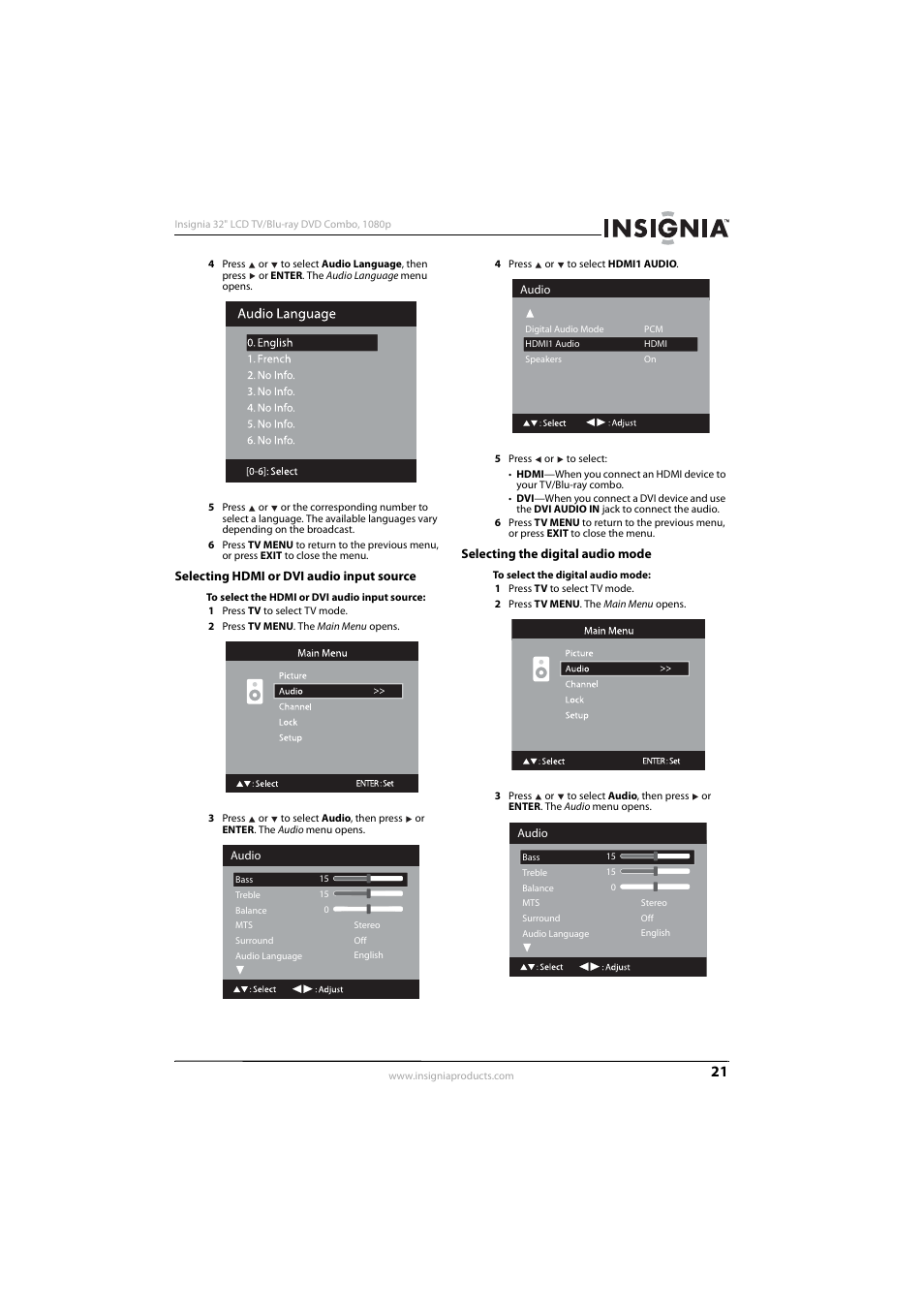 Selecting hdmi or dvi audio input source, Selecting the digital audio mode, Selecting hdmi or dvi audio input source” on pag | Selecting the, Digital audio mode, Ee “selecting hdmi or dvi, Audio input source | Insignia NS-LBD32X-10A User Manual | Page 25 / 64