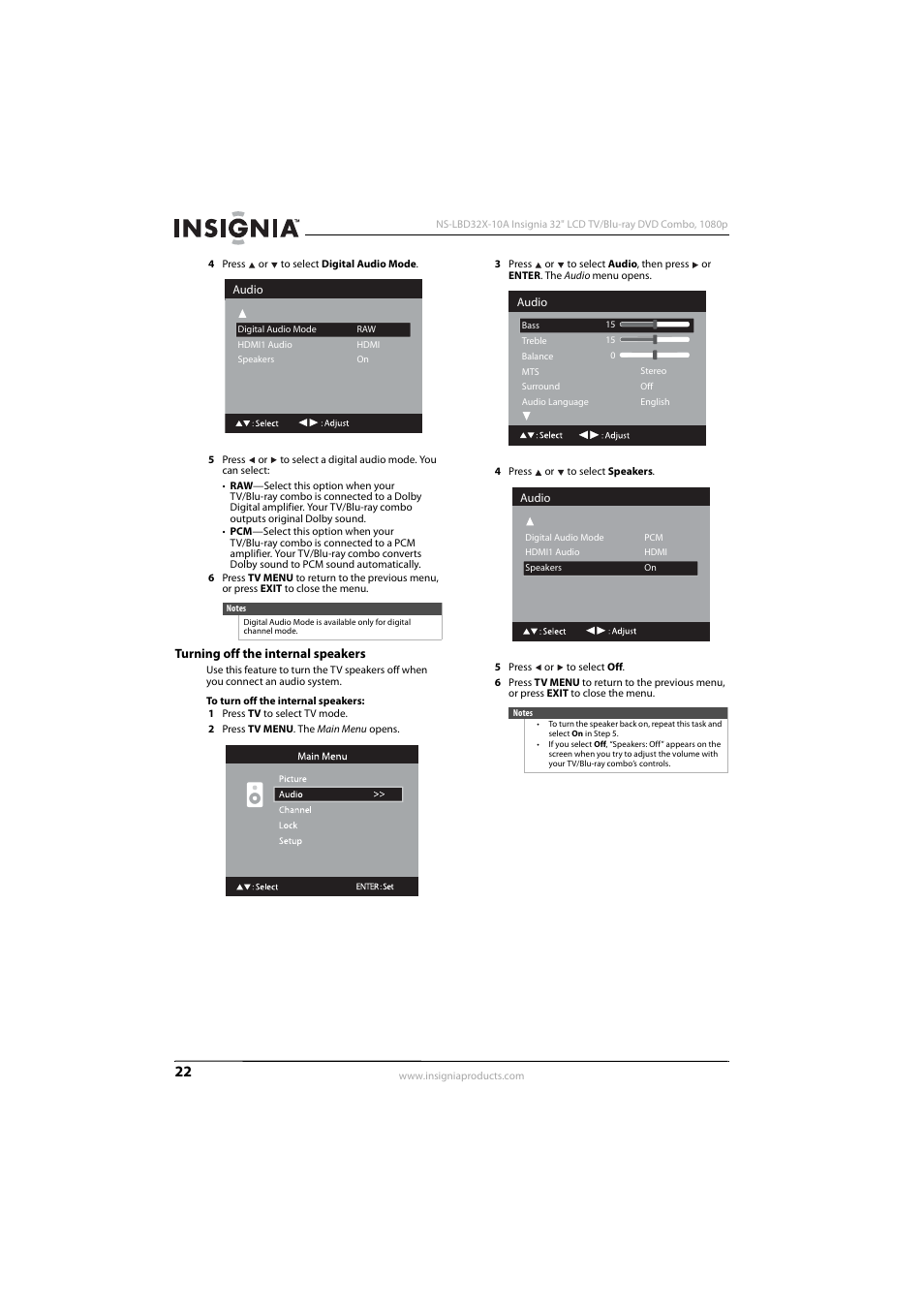 Turning off the internal speakers, Turning off the internal, Speakers” on | Insignia NS-LBD32X-10A User Manual | Page 26 / 64