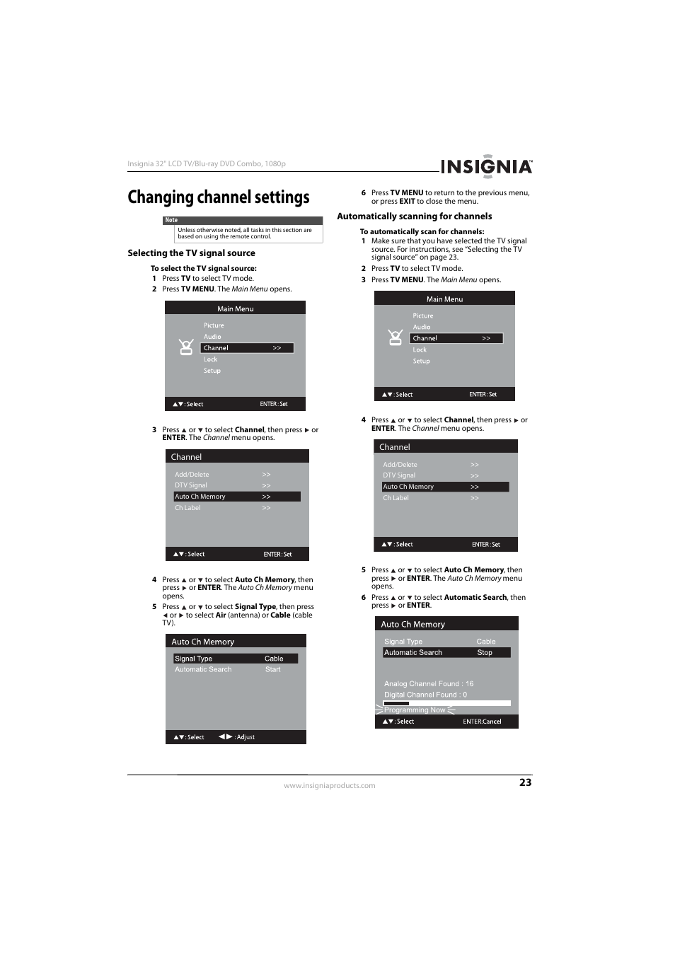 Changing channel settings, Selecting the tv signal source, Automatically scanning for channels | Ee “automatically scanning for channels | Insignia NS-LBD32X-10A User Manual | Page 27 / 64