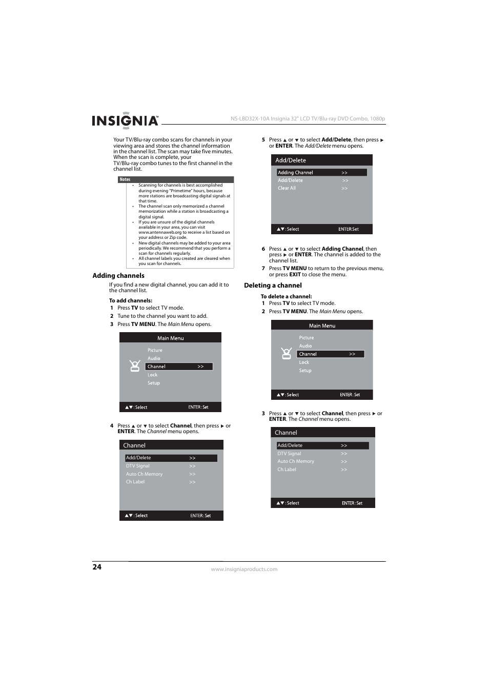 Adding channels, Deleting a channel, Adding channels deleting a channel | Insignia NS-LBD32X-10A User Manual | Page 28 / 64