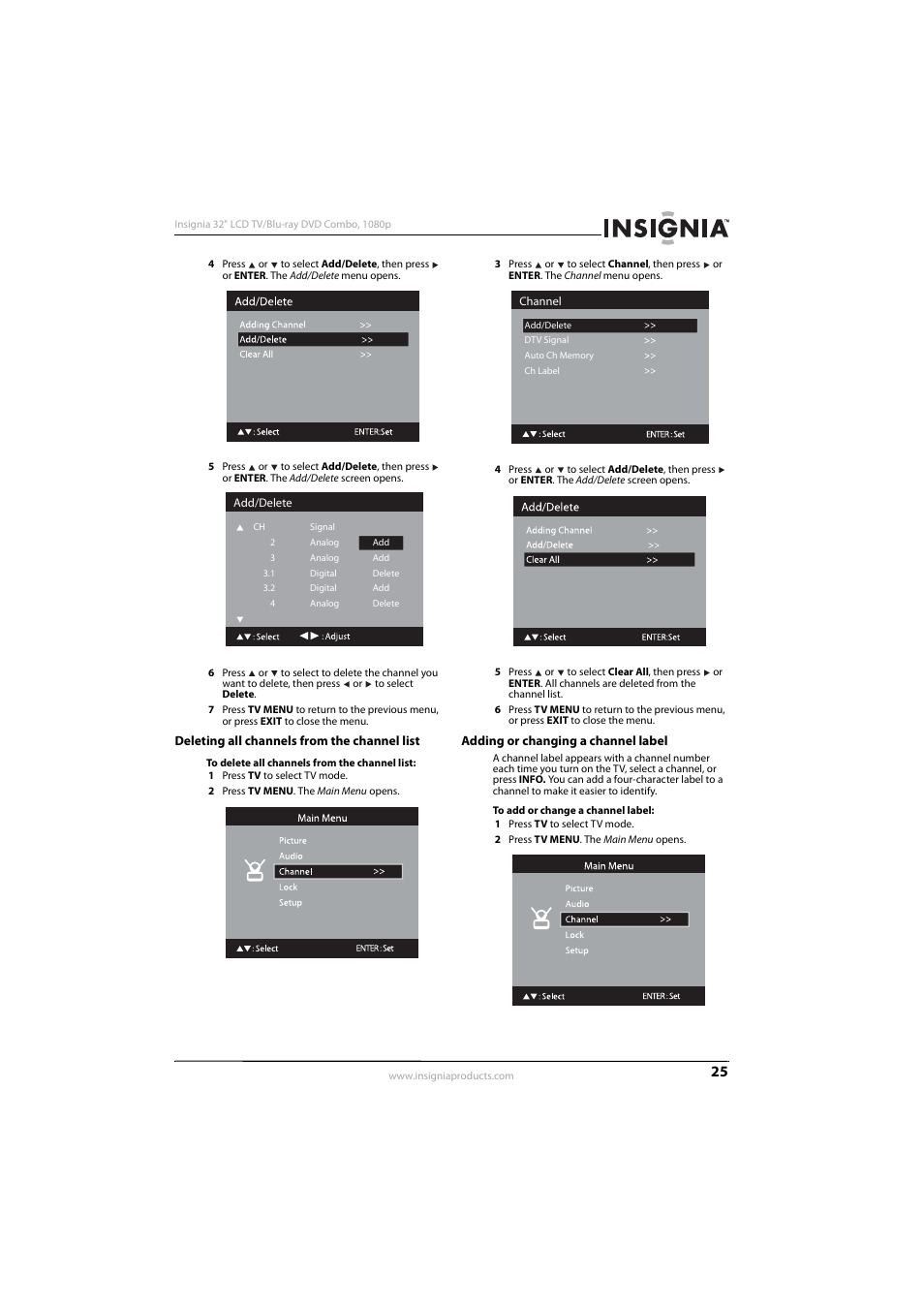 Deleting all channels from the channel list, Adding or changing a channel label | Insignia NS-LBD32X-10A User Manual | Page 29 / 64