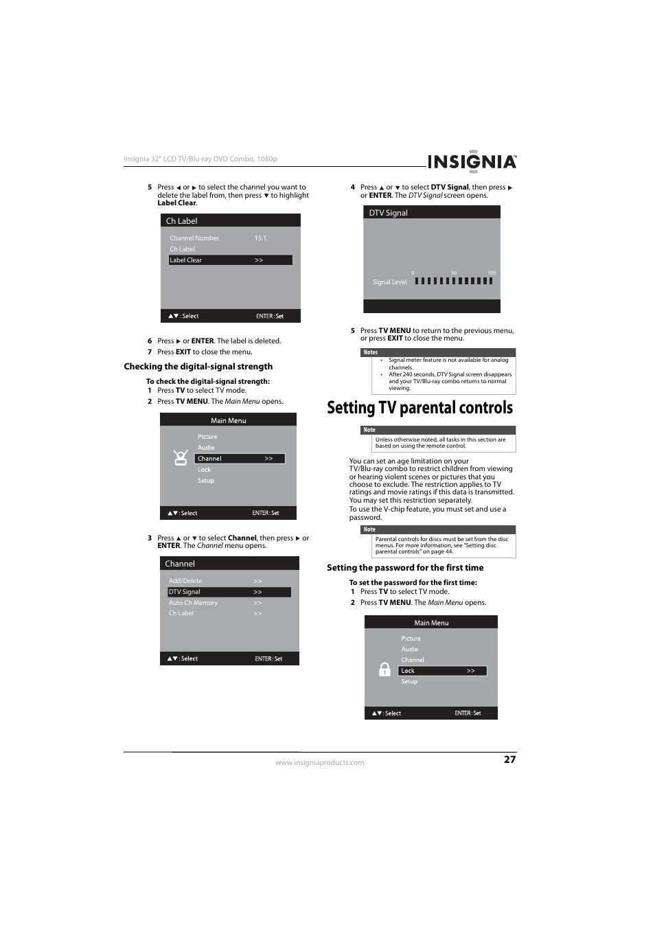 Checking the digital-signal strength, Setting tv parental controls, Setting the password for the first time | Insignia NS-LBD32X-10A User Manual | Page 31 / 64