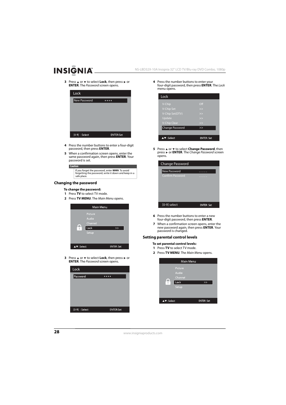 Changing the password, Setting parental control levels | Insignia NS-LBD32X-10A User Manual | Page 32 / 64