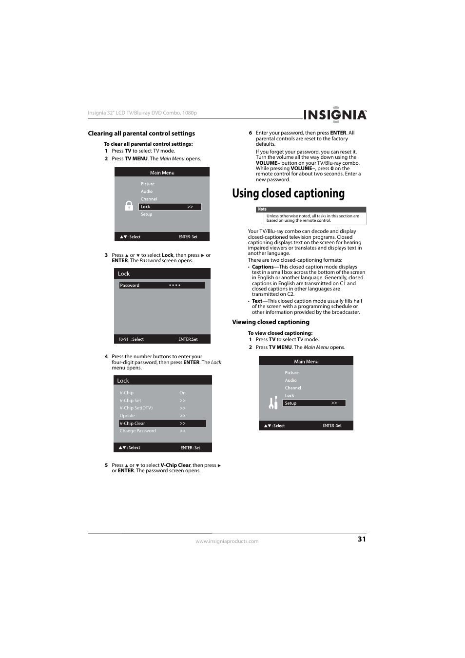 Clearing all parental control settings, Using closed captioning, Viewing closed captioning | Insignia NS-LBD32X-10A User Manual | Page 35 / 64
