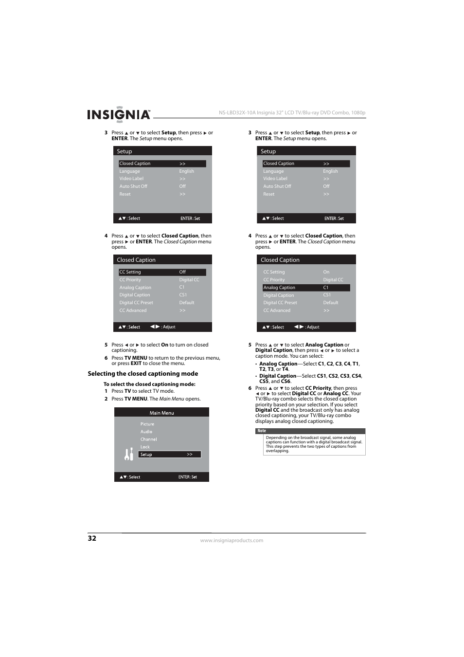 Selecting the closed captioning mode | Insignia NS-LBD32X-10A User Manual | Page 36 / 64