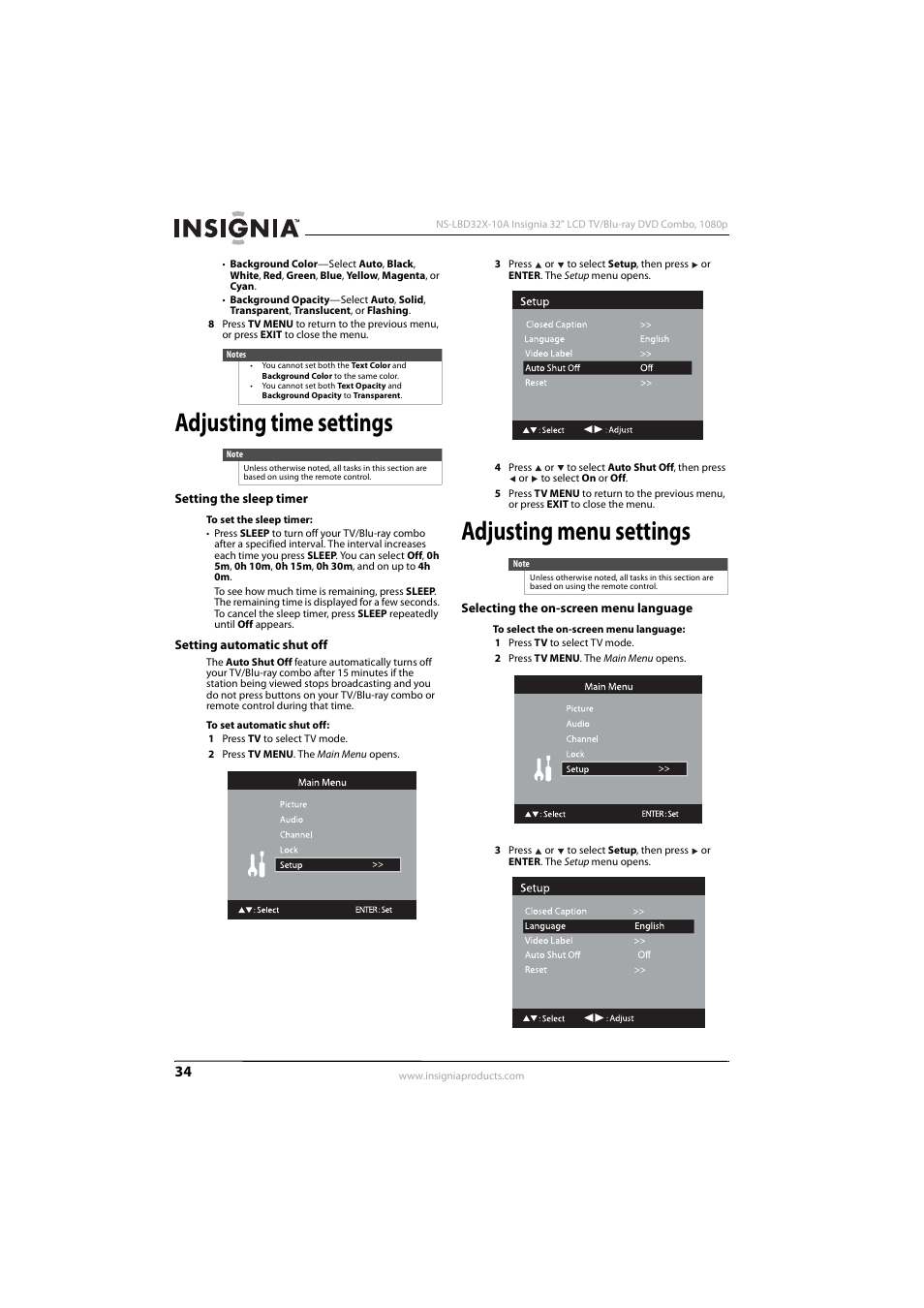 Adjusting time settings, Setting the sleep timer, Setting automatic shut off | Adjusting menu settings, Selecting the on-screen menu language, Setting the sleep timer setting automatic shut off | Insignia NS-LBD32X-10A User Manual | Page 38 / 64