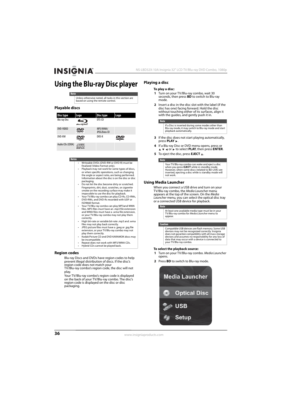Using the blu-ray disc player, Playable discs, Region codes | Playing a disc, Using media launcher, See “using media launcher | Insignia NS-LBD32X-10A User Manual | Page 40 / 64