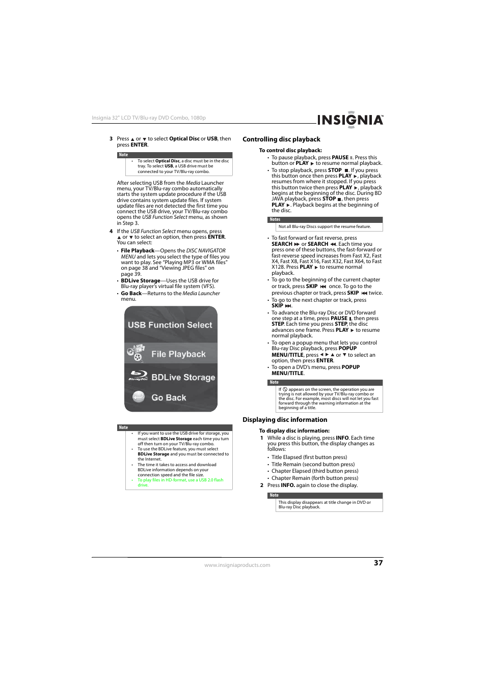 Controlling disc playback, Displaying disc information | Insignia NS-LBD32X-10A User Manual | Page 41 / 64