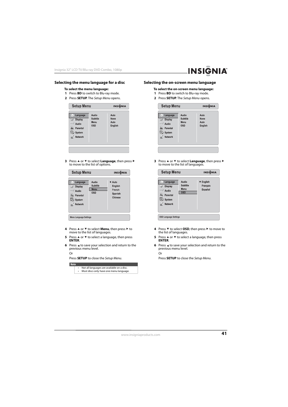Selecting the menu language for a disc, Selecting the on-screen menu language | Insignia NS-LBD32X-10A User Manual | Page 45 / 64