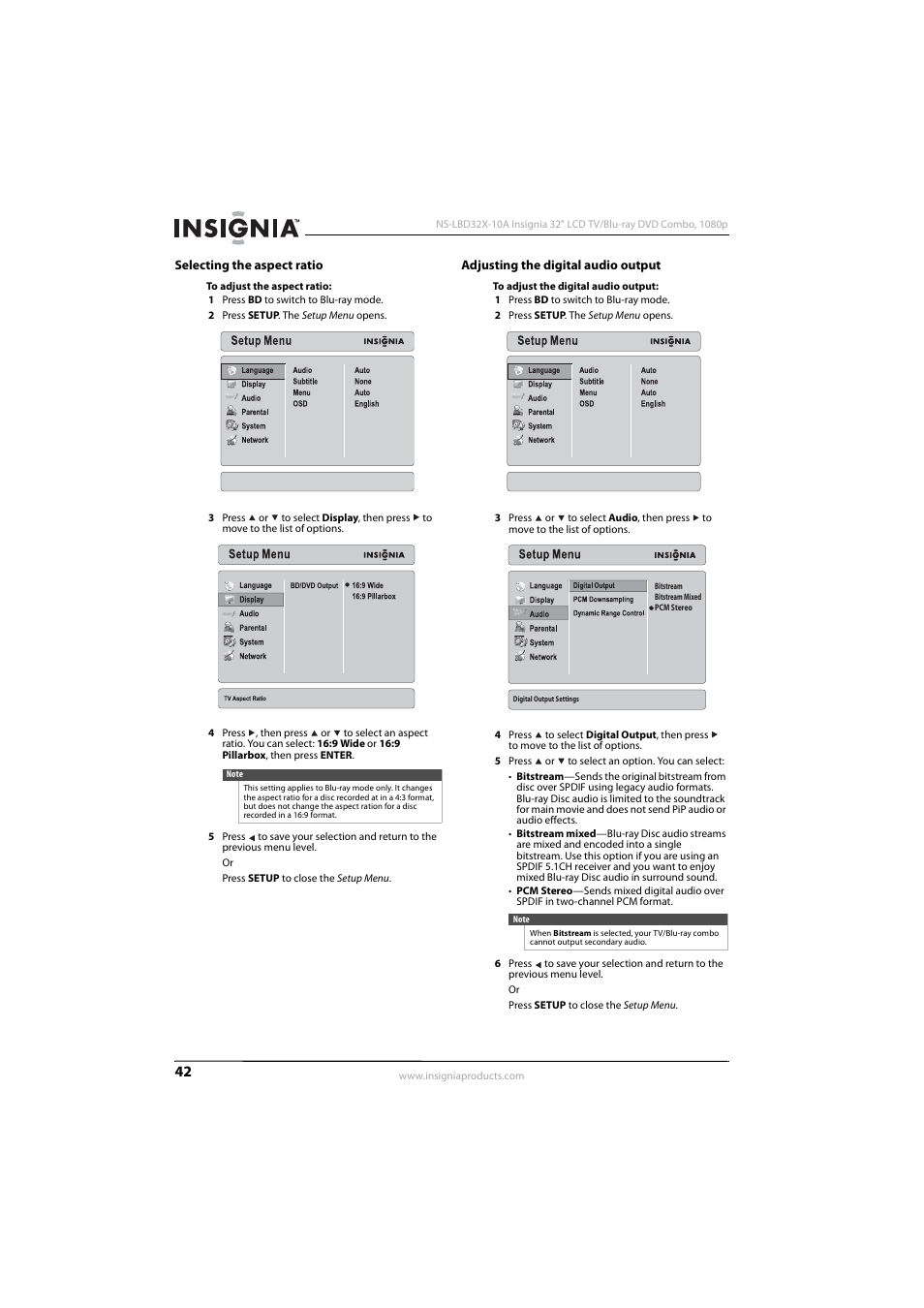 Selecting the aspect ratio, Adjusting the digital audio output | Insignia NS-LBD32X-10A User Manual | Page 46 / 64