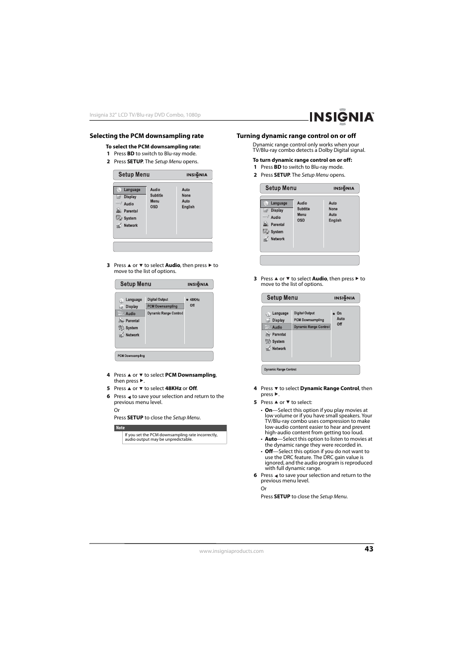 Selecting the pcm downsampling rate, Turning dynamic range control on or off | Insignia NS-LBD32X-10A User Manual | Page 47 / 64