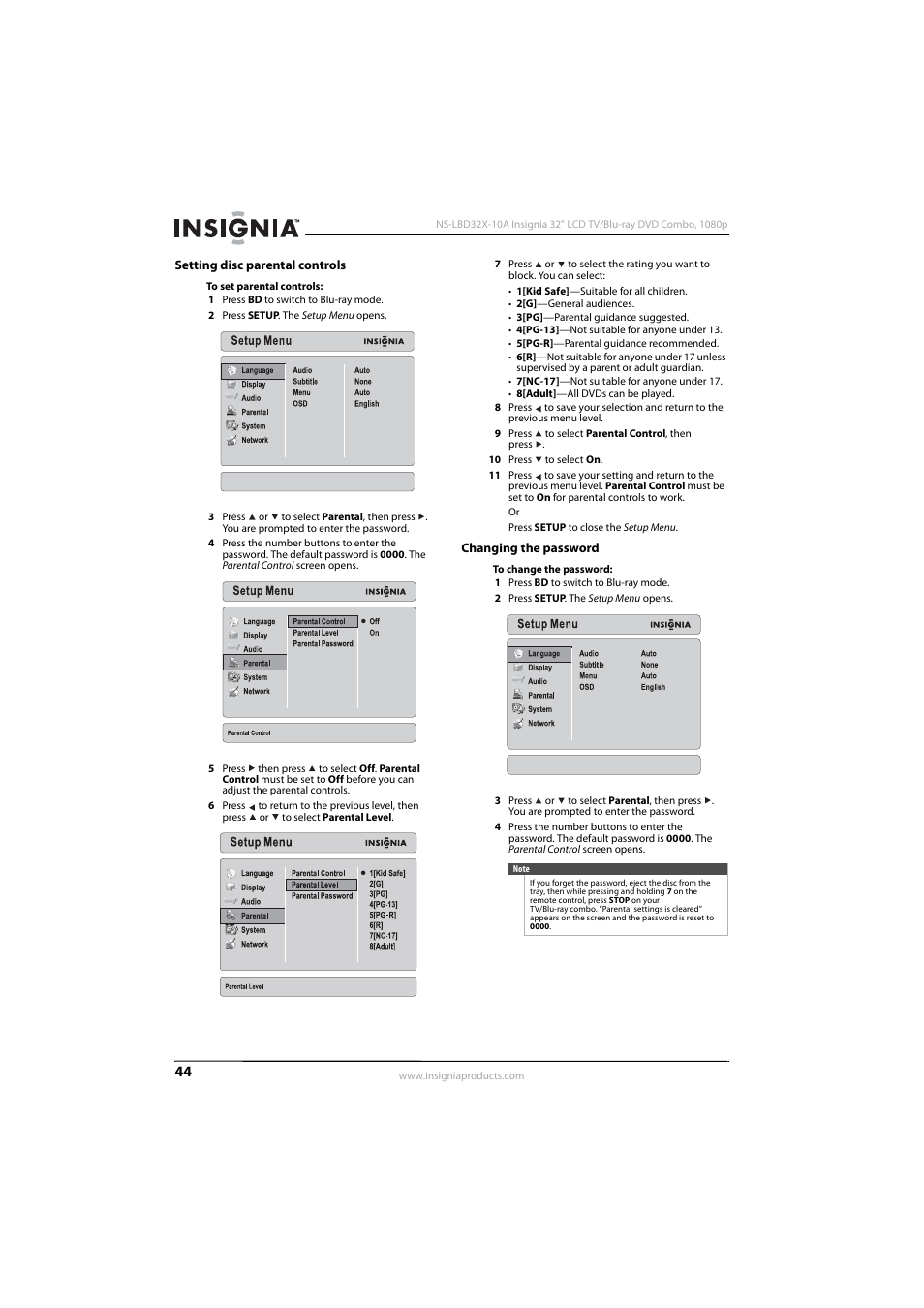 Setting disc parental controls, Changing the password | Insignia NS-LBD32X-10A User Manual | Page 48 / 64