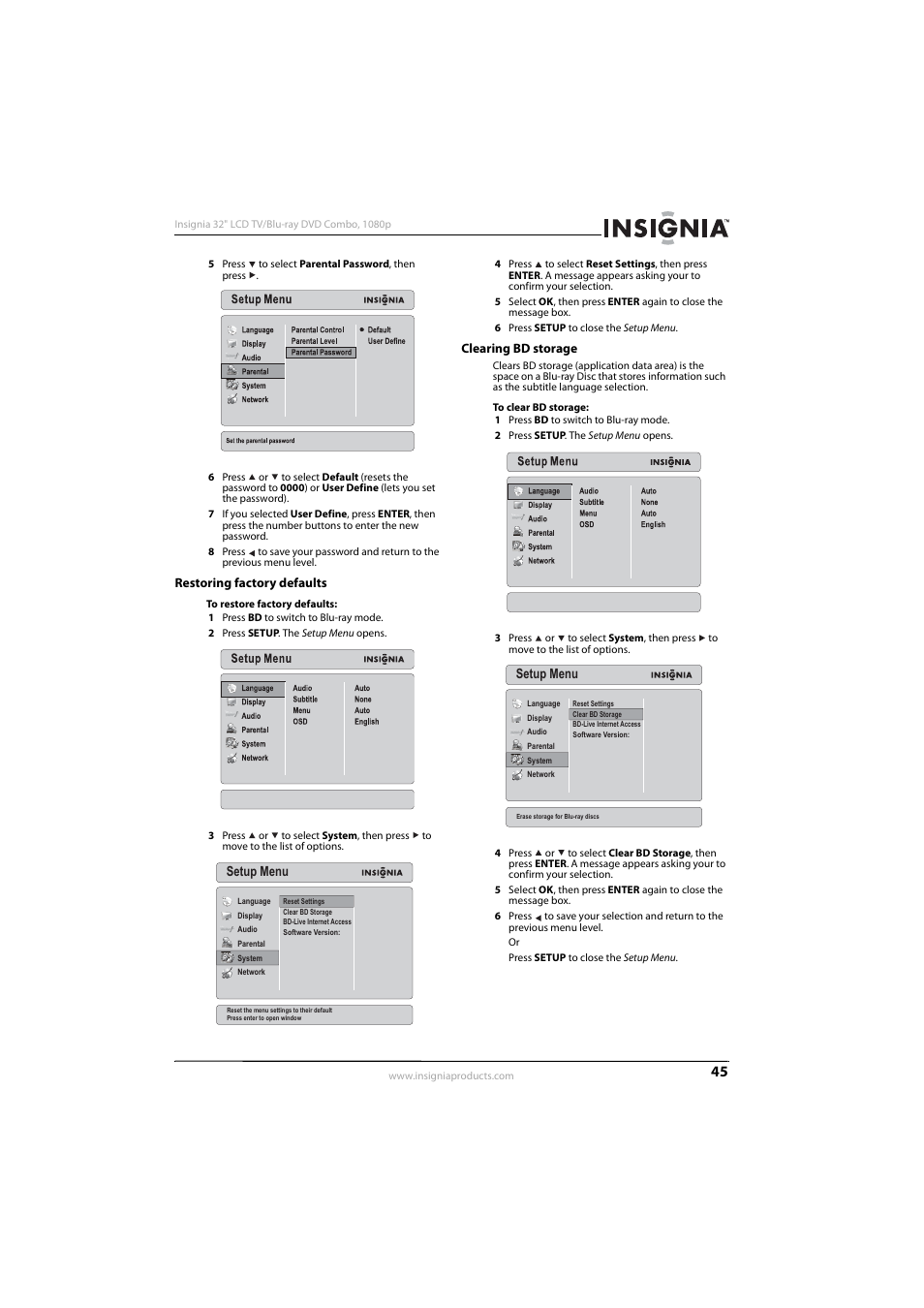Restoring factory defaults, Clearing bd storage, Restoring factory defaults clearing bd storage | Setup menu | Insignia NS-LBD32X-10A User Manual | Page 49 / 64