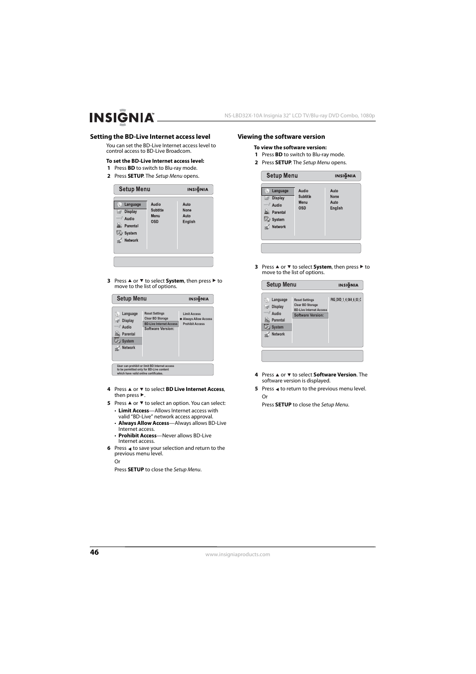 Setting the bd-live internet access level, Viewing the software version, Ee “setting the bd-live internet access level | Insignia NS-LBD32X-10A User Manual | Page 50 / 64