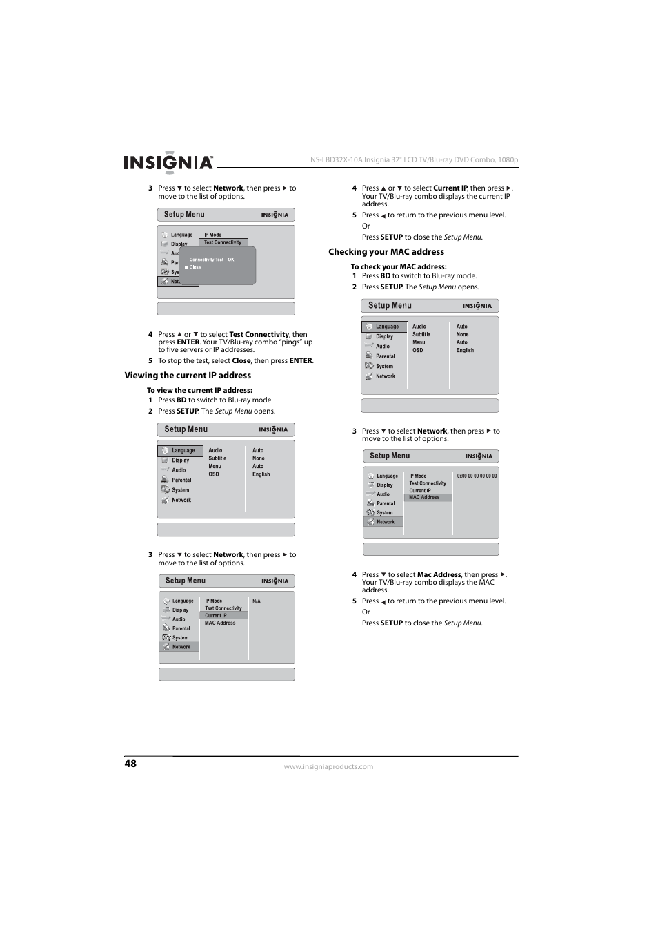 Viewing the current ip address, Checking your mac address | Insignia NS-LBD32X-10A User Manual | Page 52 / 64