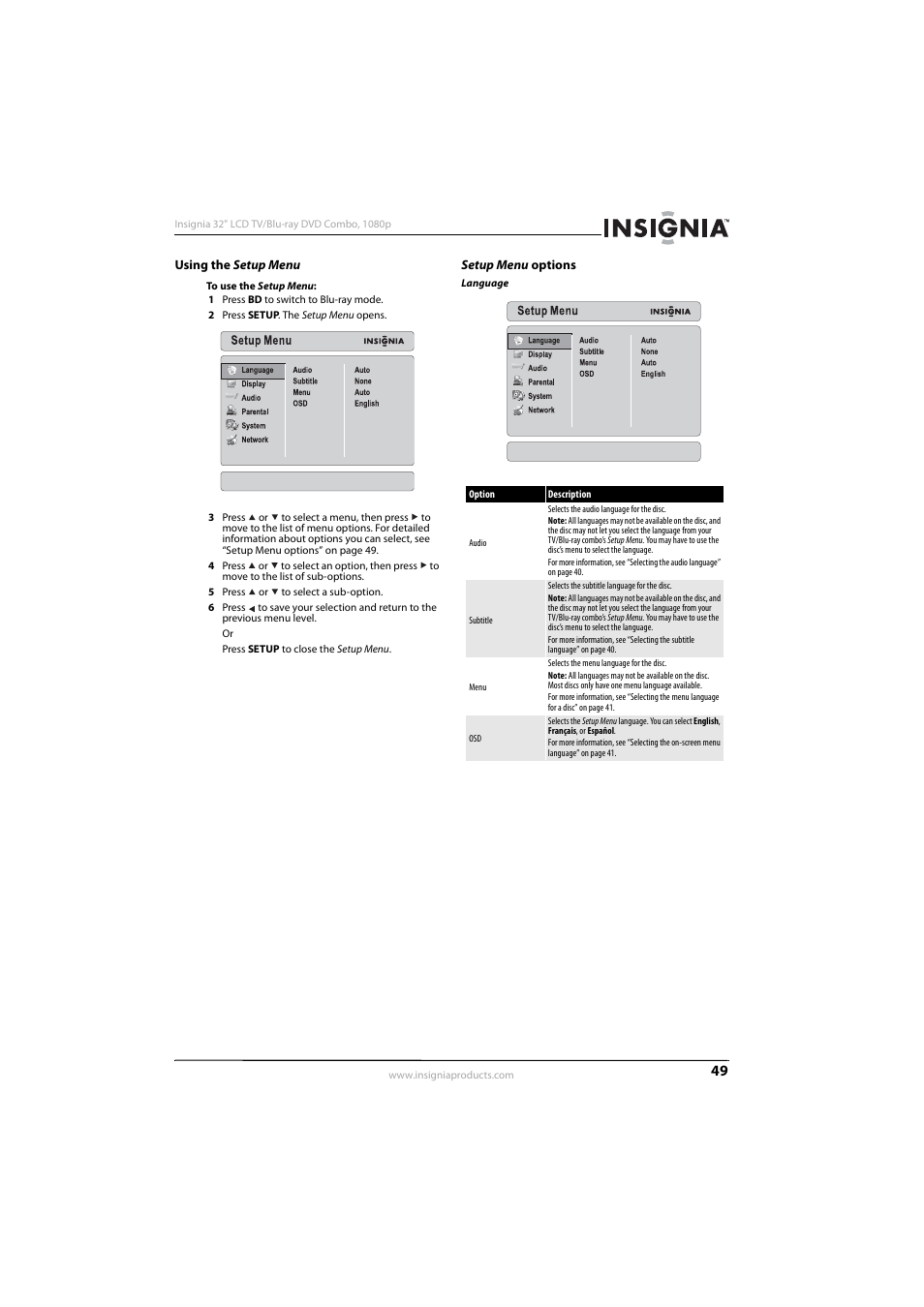 Using the setup menu, Setup menu options, Using the setup menu setup menu options | Insignia NS-LBD32X-10A User Manual | Page 53 / 64