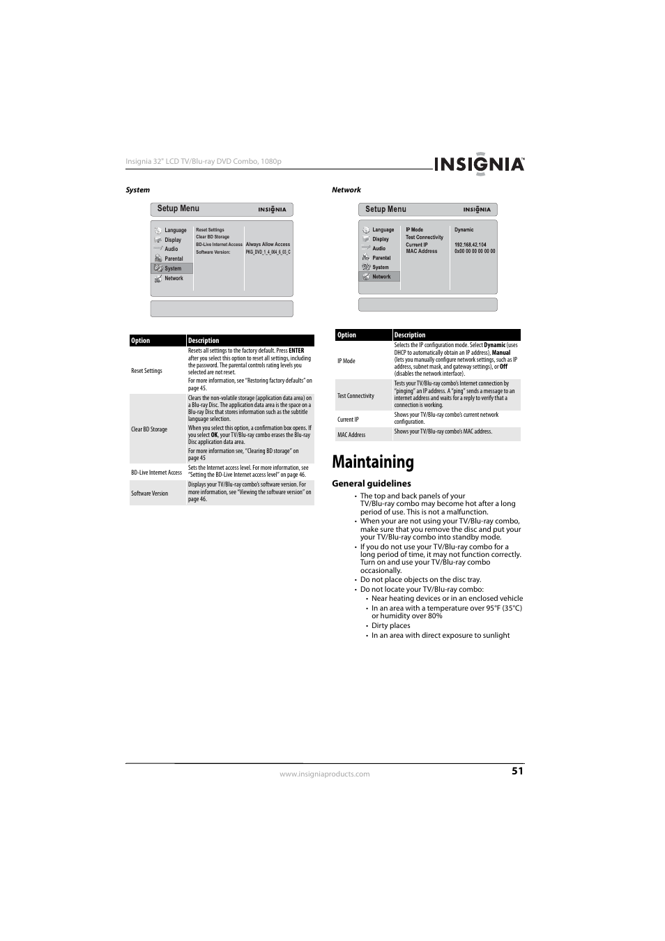 Maintaining, General guidelines | Insignia NS-LBD32X-10A User Manual | Page 55 / 64