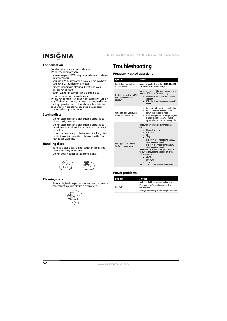 Condensation, Storing discs, Handling discs | Cleaning discs, Troubleshooting, Frequently asked questions, Power problems, Frequently asked questions power problems | Insignia NS-LBD32X-10A User Manual | Page 56 / 64