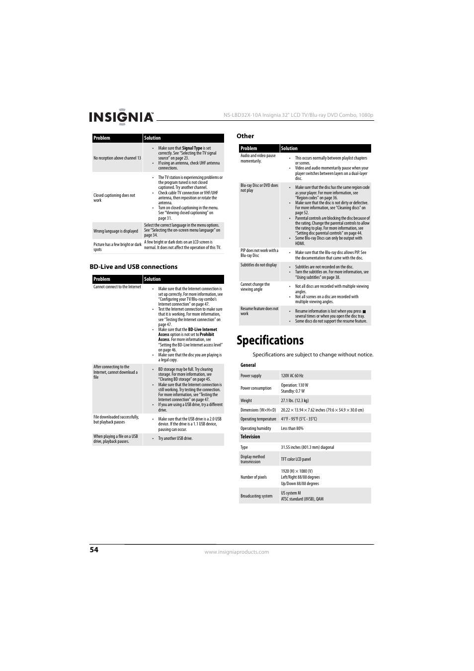 Bd-live and usb connections, Other, Specifications | Bd-live and usb connections other | Insignia NS-LBD32X-10A User Manual | Page 58 / 64