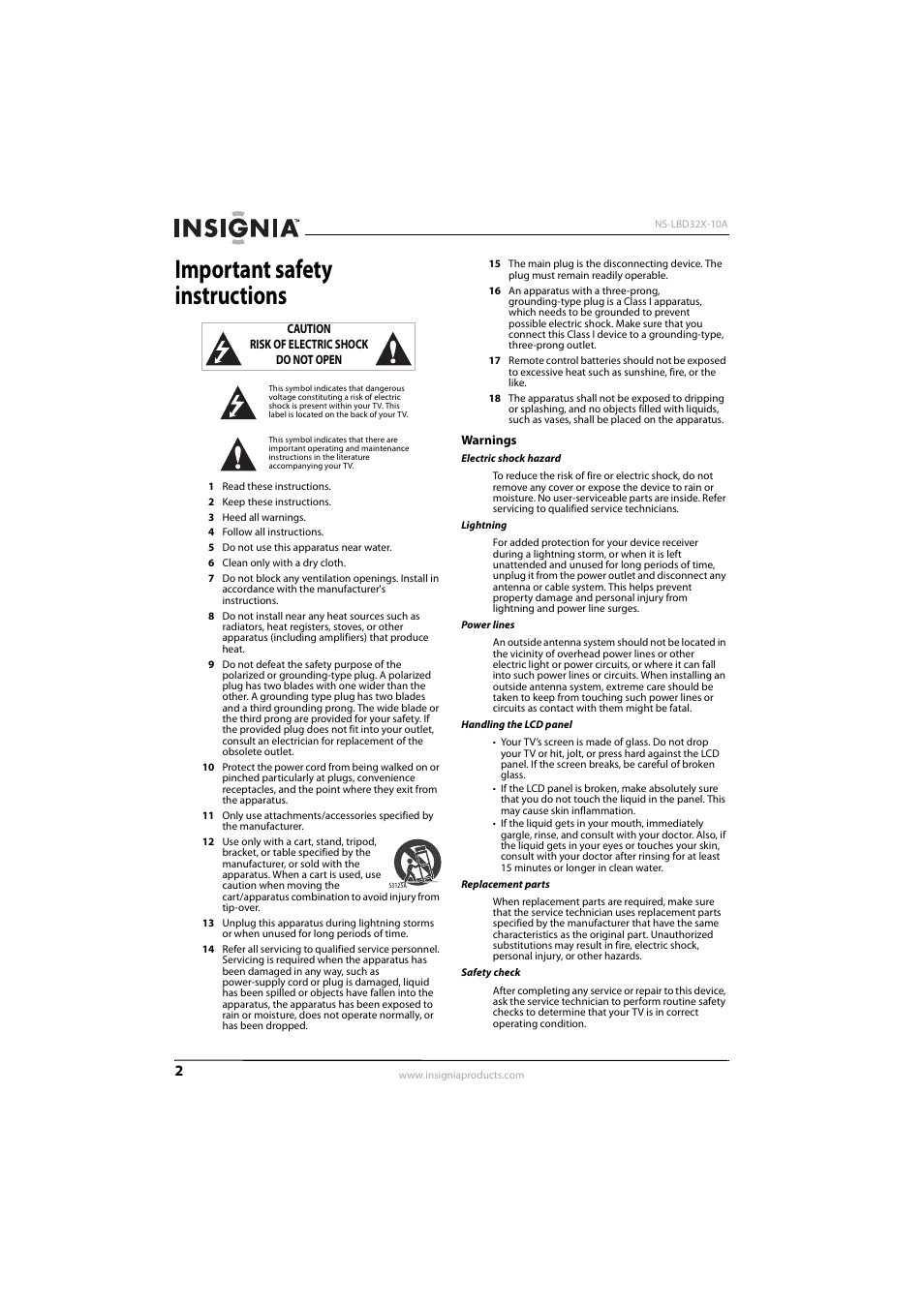 Important safety instructions, Warnings | Insignia NS-LBD32X-10A User Manual | Page 6 / 64