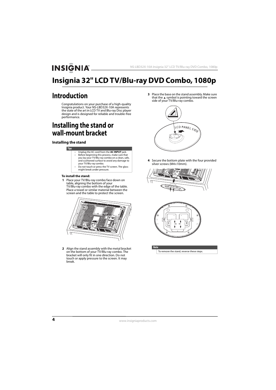 Introduction, Installing the stand or wall-mount bracket, Installing the stand | Insignia NS-LBD32X-10A User Manual | Page 8 / 64
