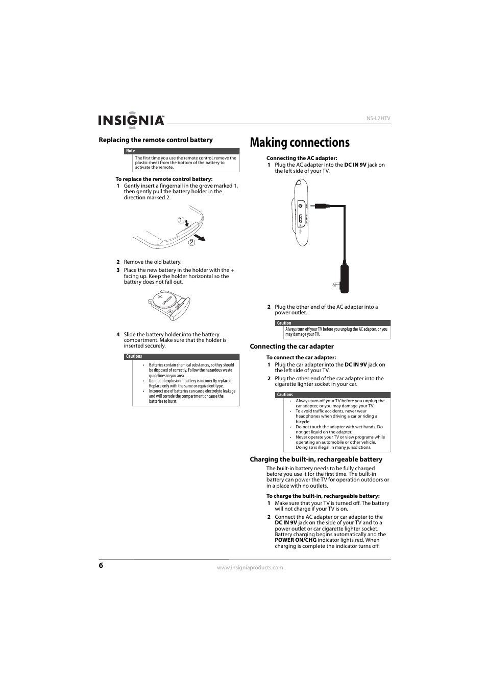 Replacing the remote control battery, Making connections, Connecting the car adapter | Charging the built-in, rechargeable battery, D “charging the built-in, rechargeable battery | Insignia NS-L7HTV-10A User Manual | Page 10 / 28