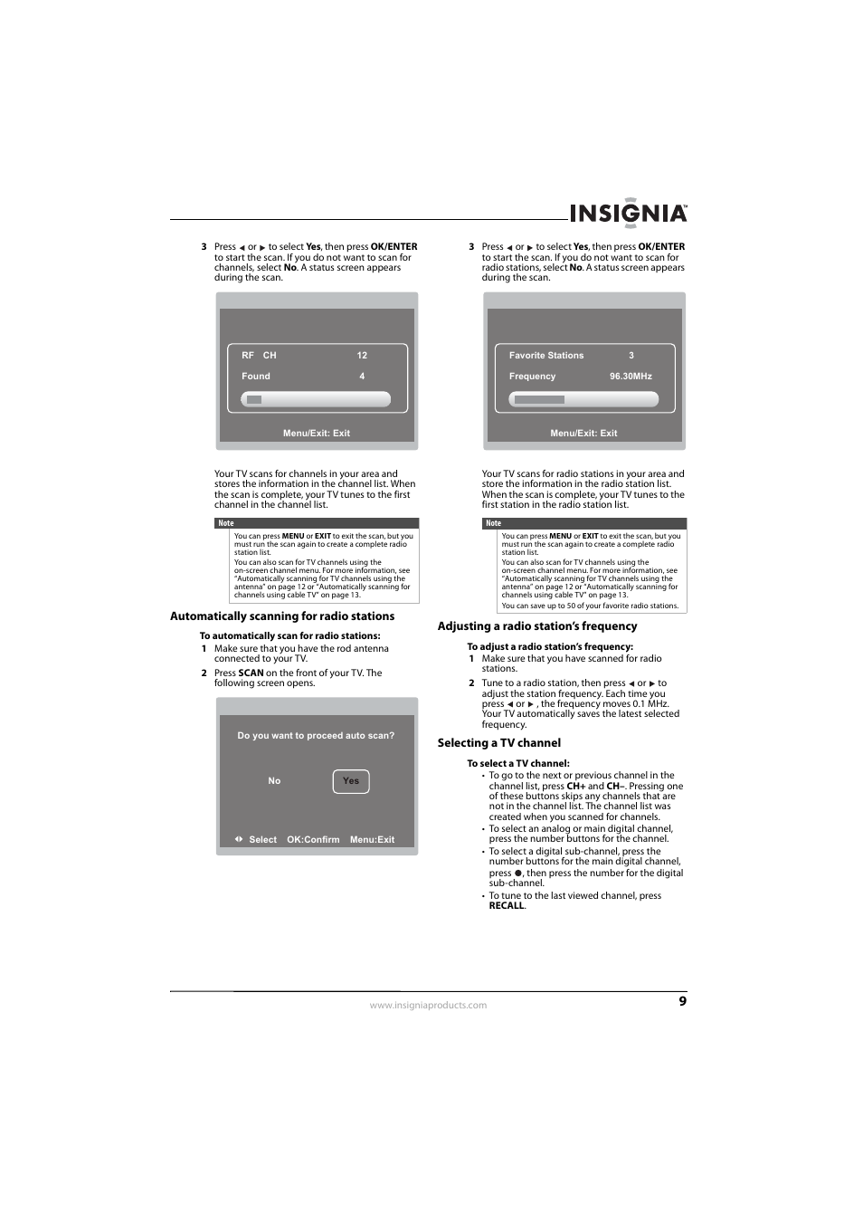 Automatically scanning for radio stations, Adjusting a radio station’s frequency, Selecting a tv channel | Ee “selecting a tv channel, E “selecting a tv channel, Ee “selecting a tv channel” o | Insignia NS-L7HTV-10A User Manual | Page 13 / 28