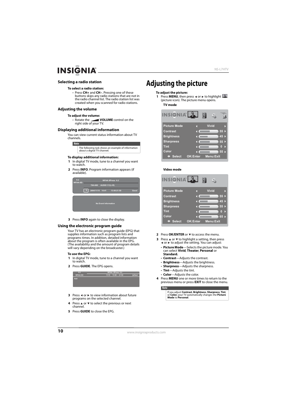 Selecting a radio station, Adjusting the volume, Displaying additional information | Using the electronic program guide, Adjusting the picture | Insignia NS-L7HTV-10A User Manual | Page 14 / 28