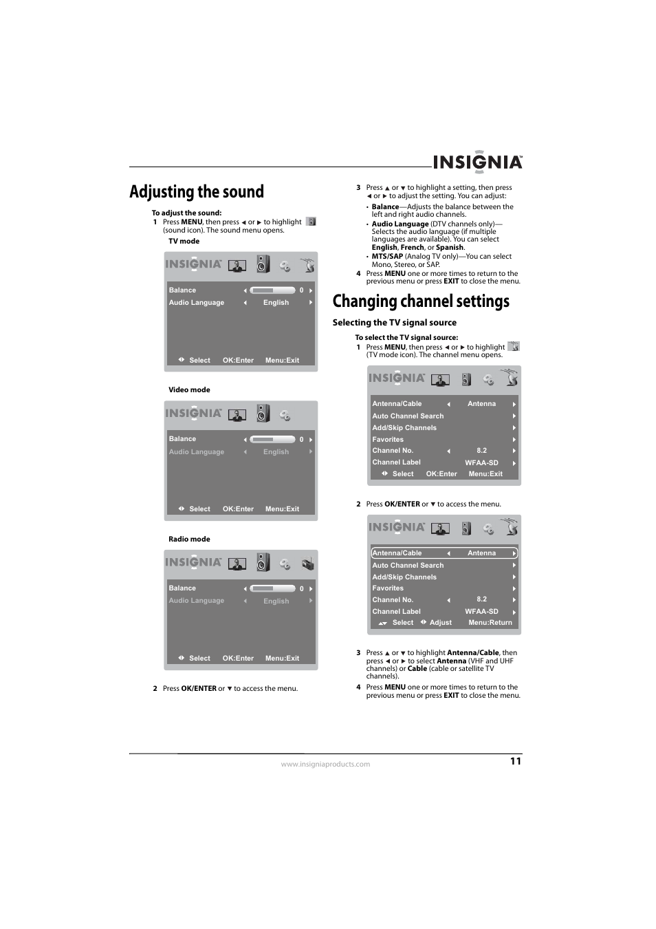 Adjusting the sound, Changing channel settings, Selecting the tv signal source | Insignia NS-L7HTV-10A User Manual | Page 15 / 28