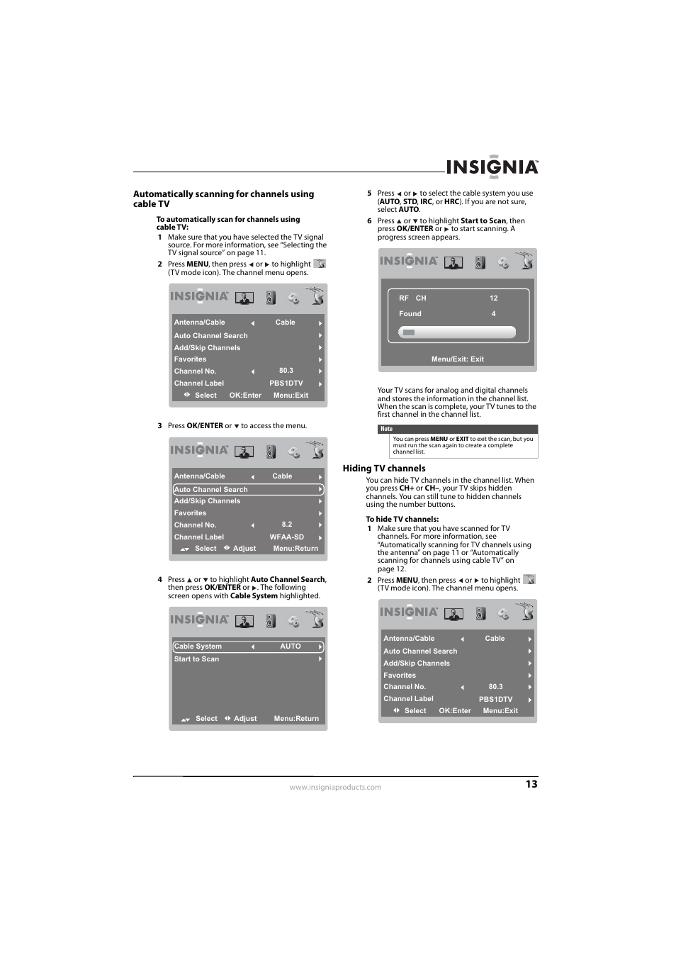 Automatically scanning for channels using cable tv, Hiding tv channels | Insignia NS-L7HTV-10A User Manual | Page 17 / 28