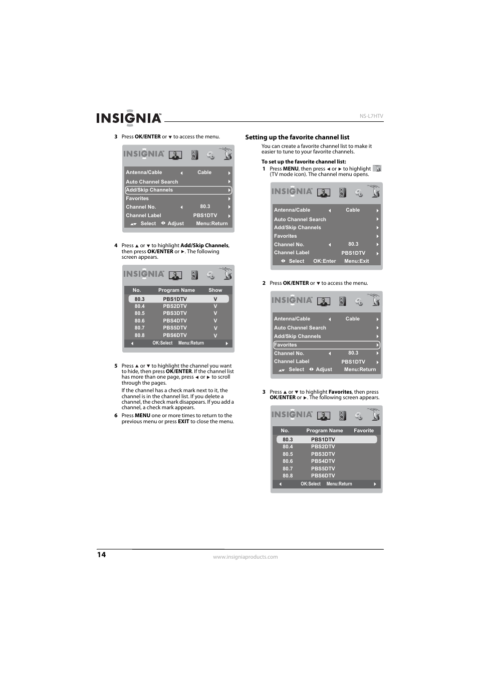 Setting up the favorite channel list, E “setting up the favorite channel list | Insignia NS-L7HTV-10A User Manual | Page 18 / 28