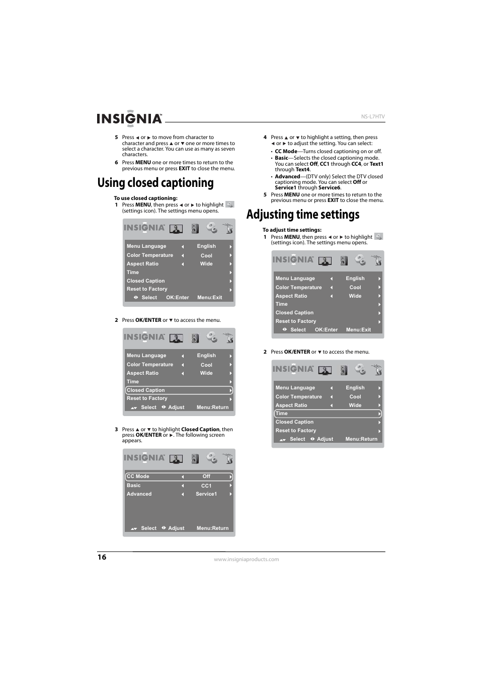 Using closed captioning, Adjusting time settings, E “using closed captioning” o | Insignia NS-L7HTV-10A User Manual | Page 20 / 28