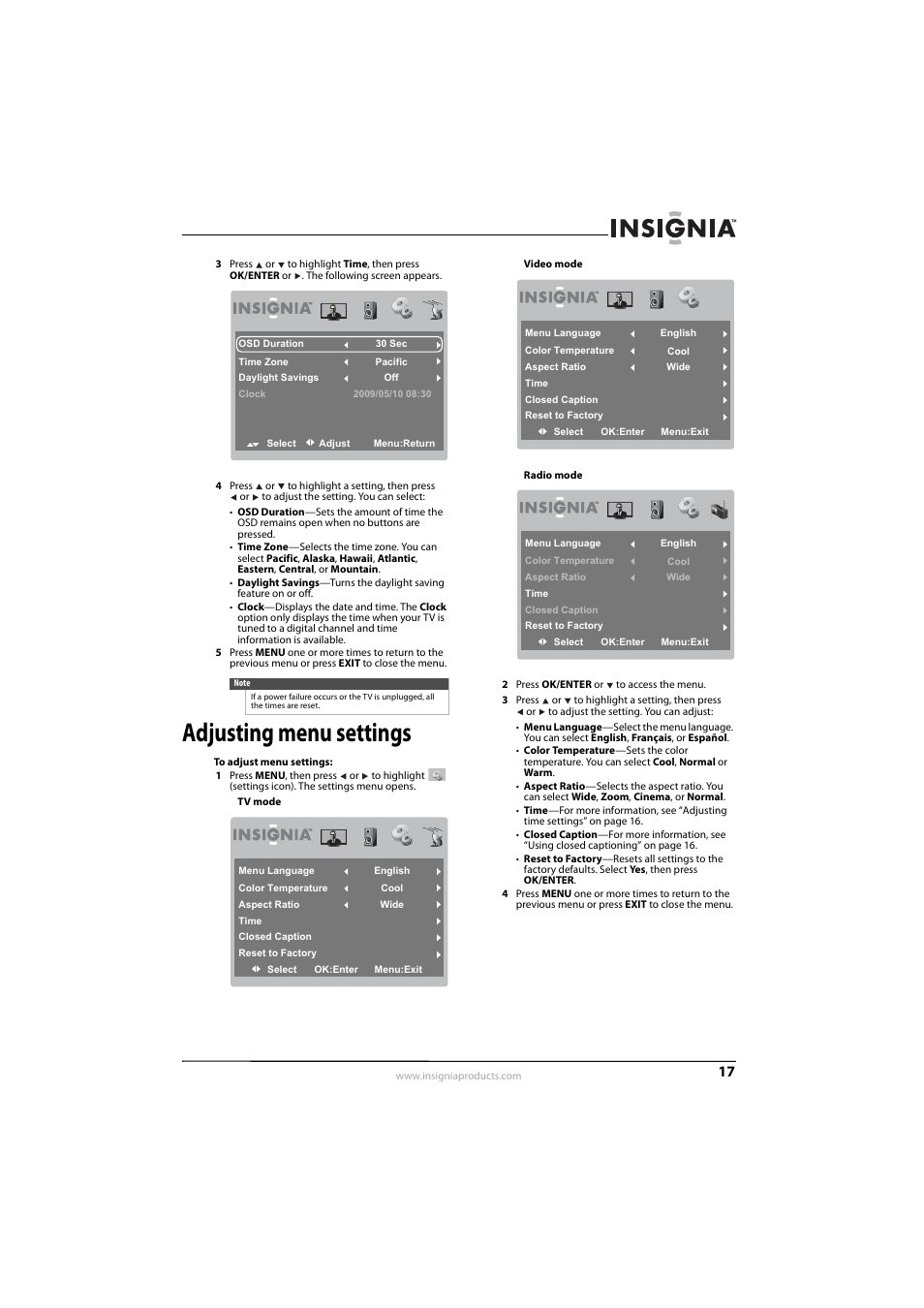 Adjusting menu settings | Insignia NS-L7HTV-10A User Manual | Page 21 / 28