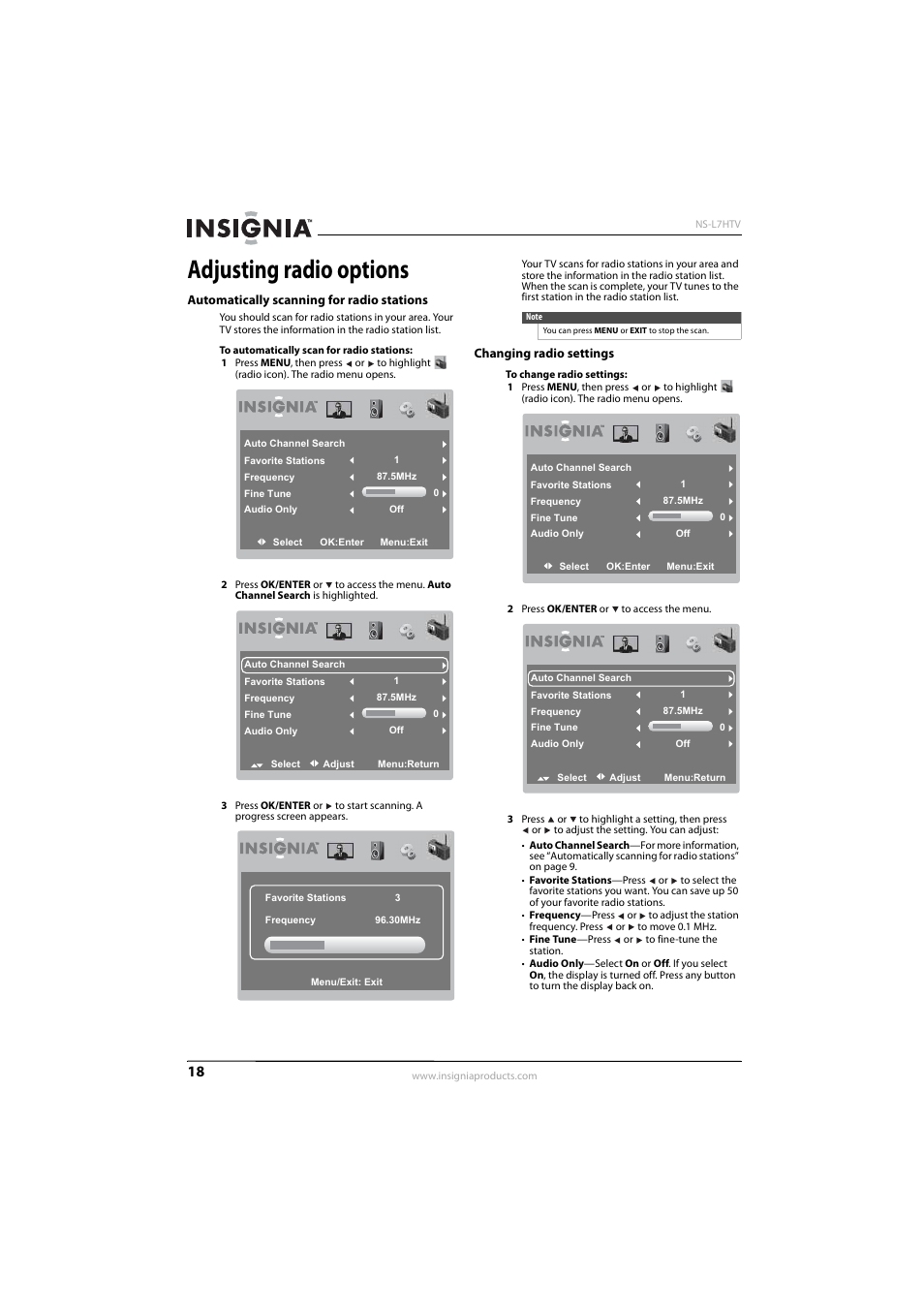 Adjusting radio options, Automatically scanning for radio stations, Changing radio settings | Insignia NS-L7HTV-10A User Manual | Page 22 / 28