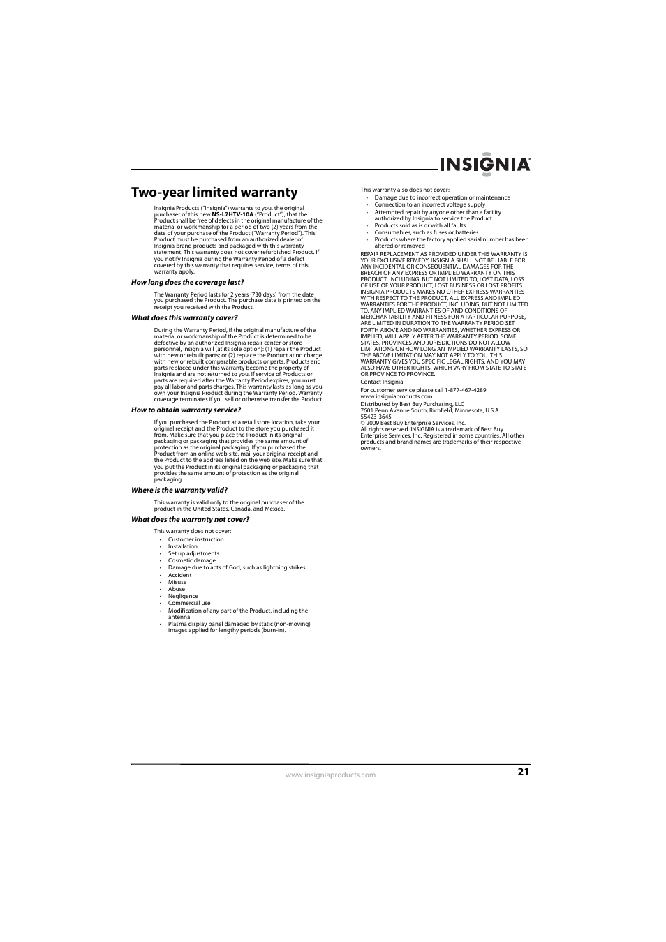 Two-year limited warranty | Insignia NS-L7HTV-10A User Manual | Page 25 / 28