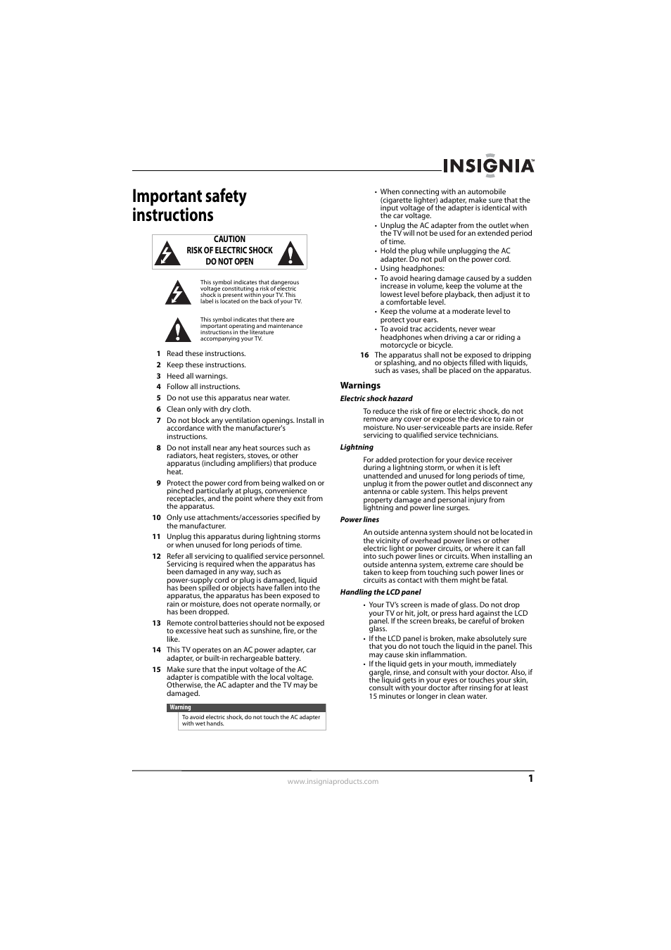 Important safety instructions, Warnings | Insignia NS-L7HTV-10A User Manual | Page 5 / 28