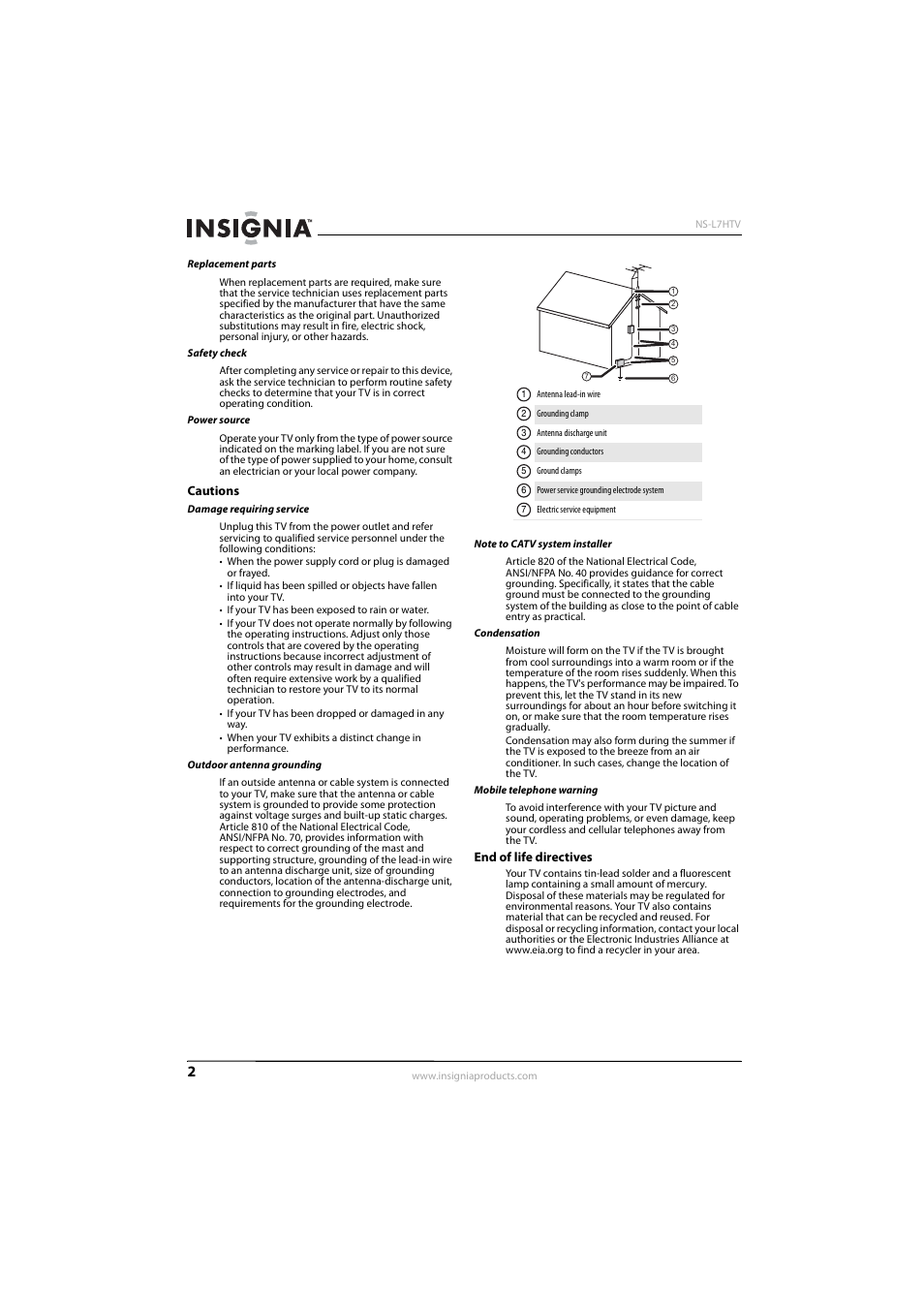 Cautions | Insignia NS-L7HTV-10A User Manual | Page 6 / 28