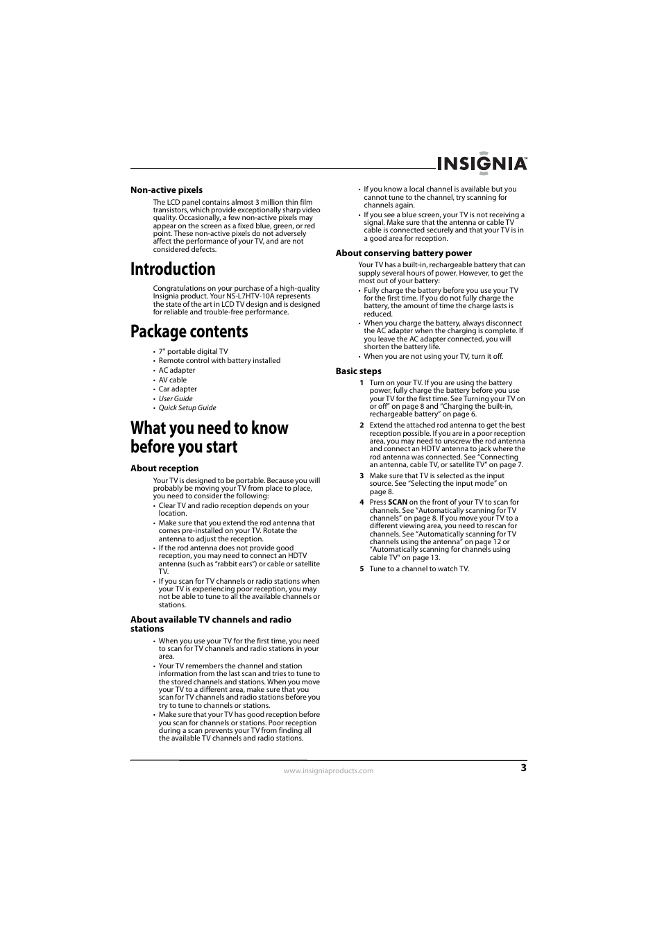 Introduction, Package contents, What you need to know before you start | About reception, About available tv channels and radio stations, About conserving battery power, Basic steps | Insignia NS-L7HTV-10A User Manual | Page 7 / 28