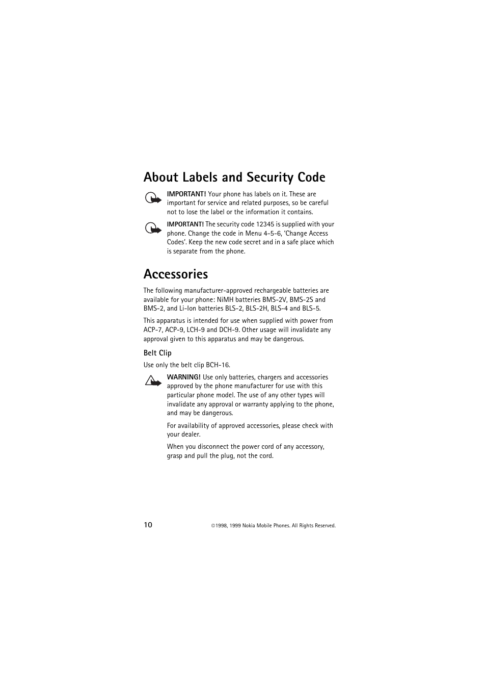 About labels and security code, Accessories, About labels and security code accessories | Nokia 6150 User Manual | Page 10 / 84