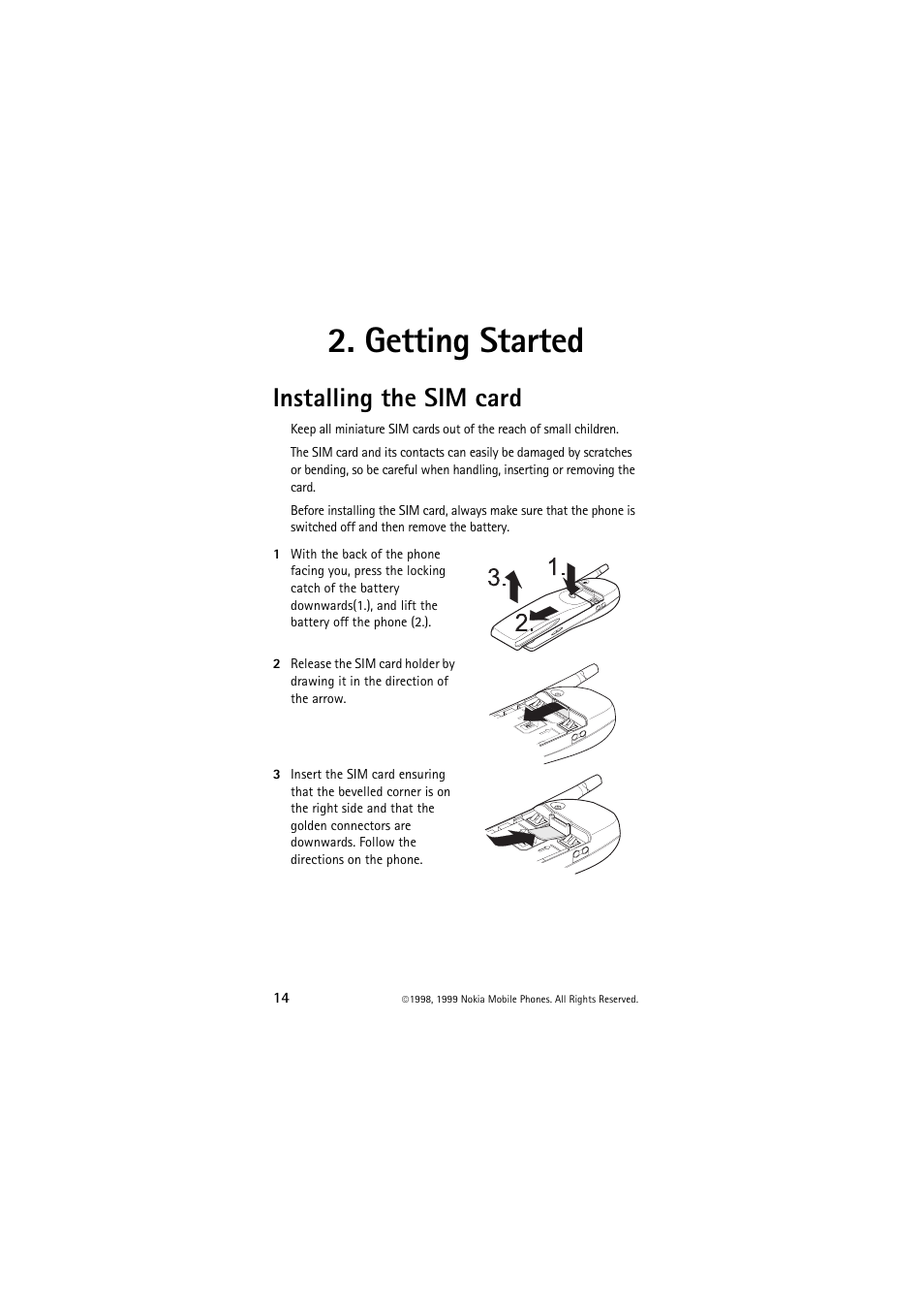 Getting started, Installing the sim card | Nokia 6150 User Manual | Page 14 / 84