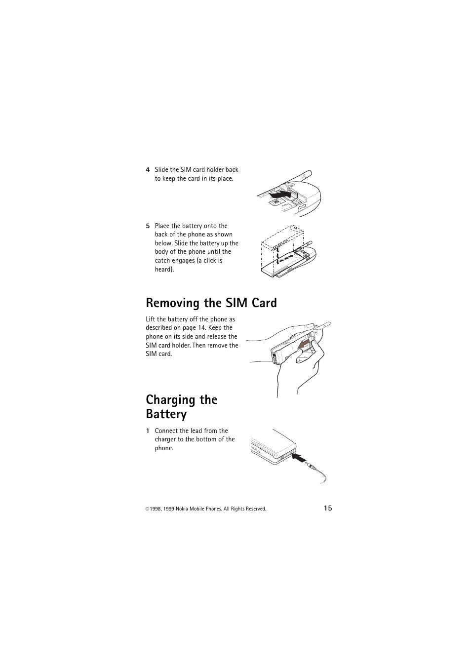 Removing the sim card, Charging the battery, Removing the sim card charging the battery | Nokia 6150 User Manual | Page 15 / 84