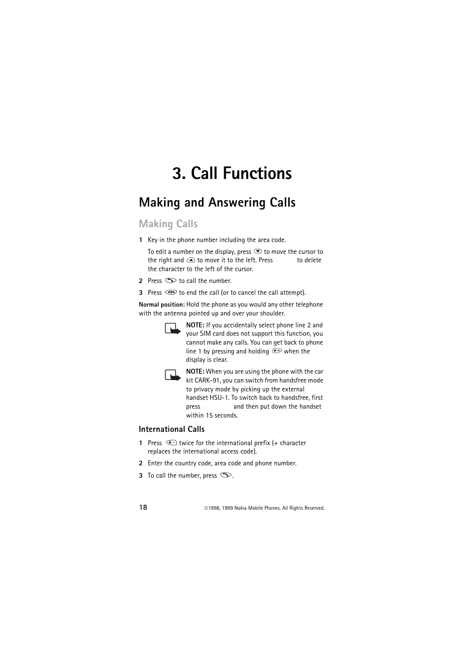 Call functions, Making and answering calls, Making calls | International calls | Nokia 6150 User Manual | Page 18 / 84