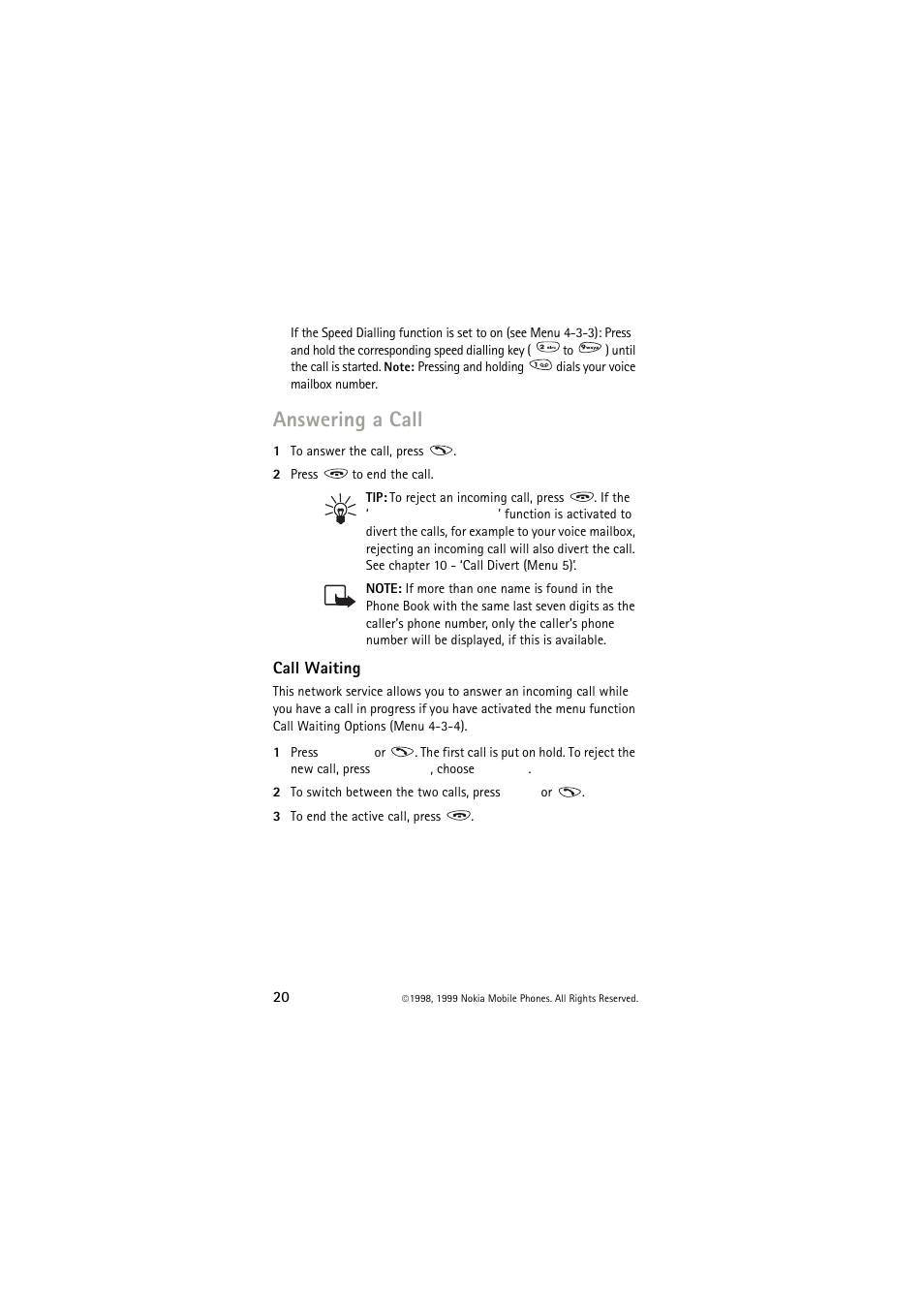 Answering a call, Call waiting | Nokia 6150 User Manual | Page 20 / 84