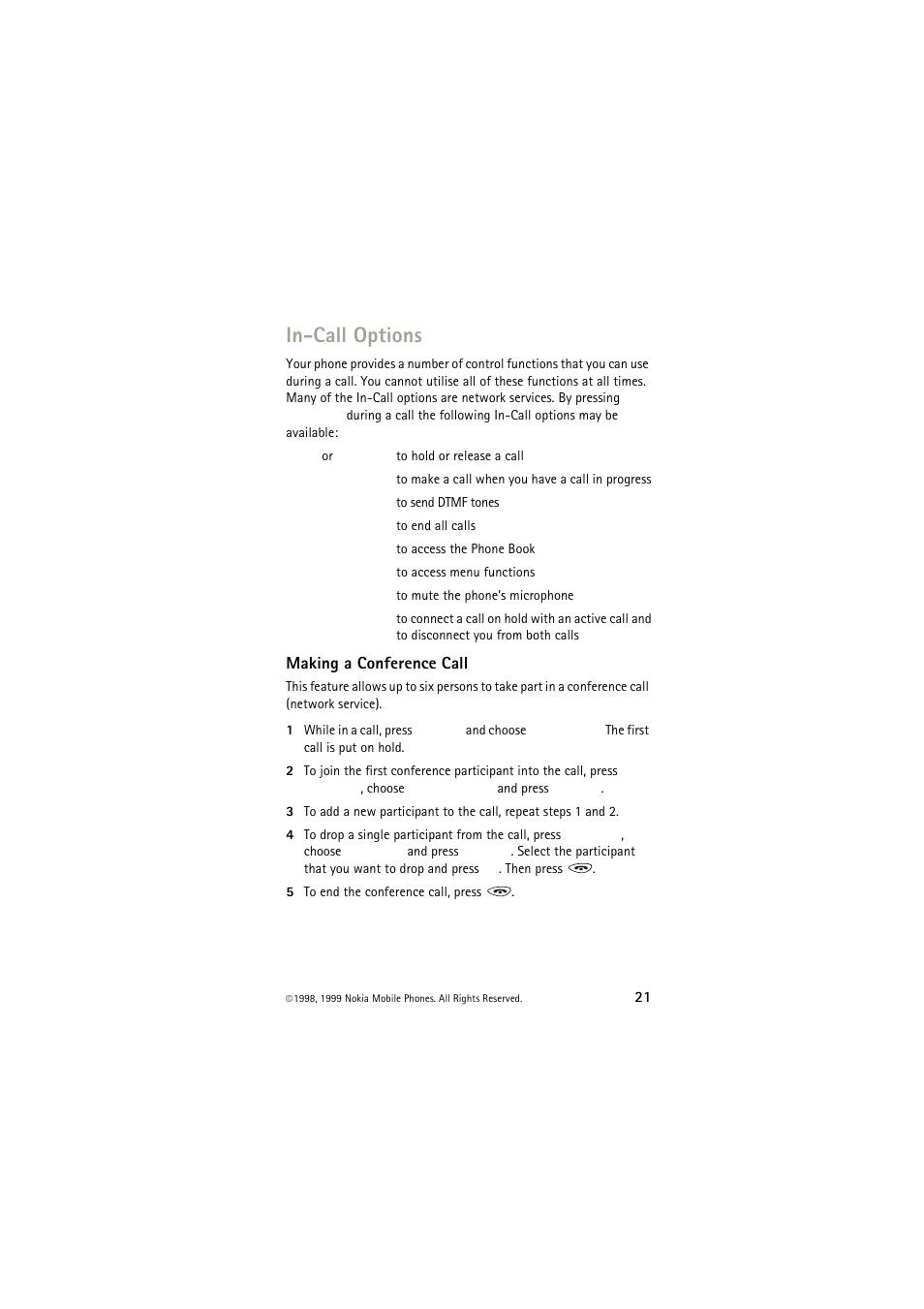 In-call options, Making a conference call | Nokia 6150 User Manual | Page 21 / 84