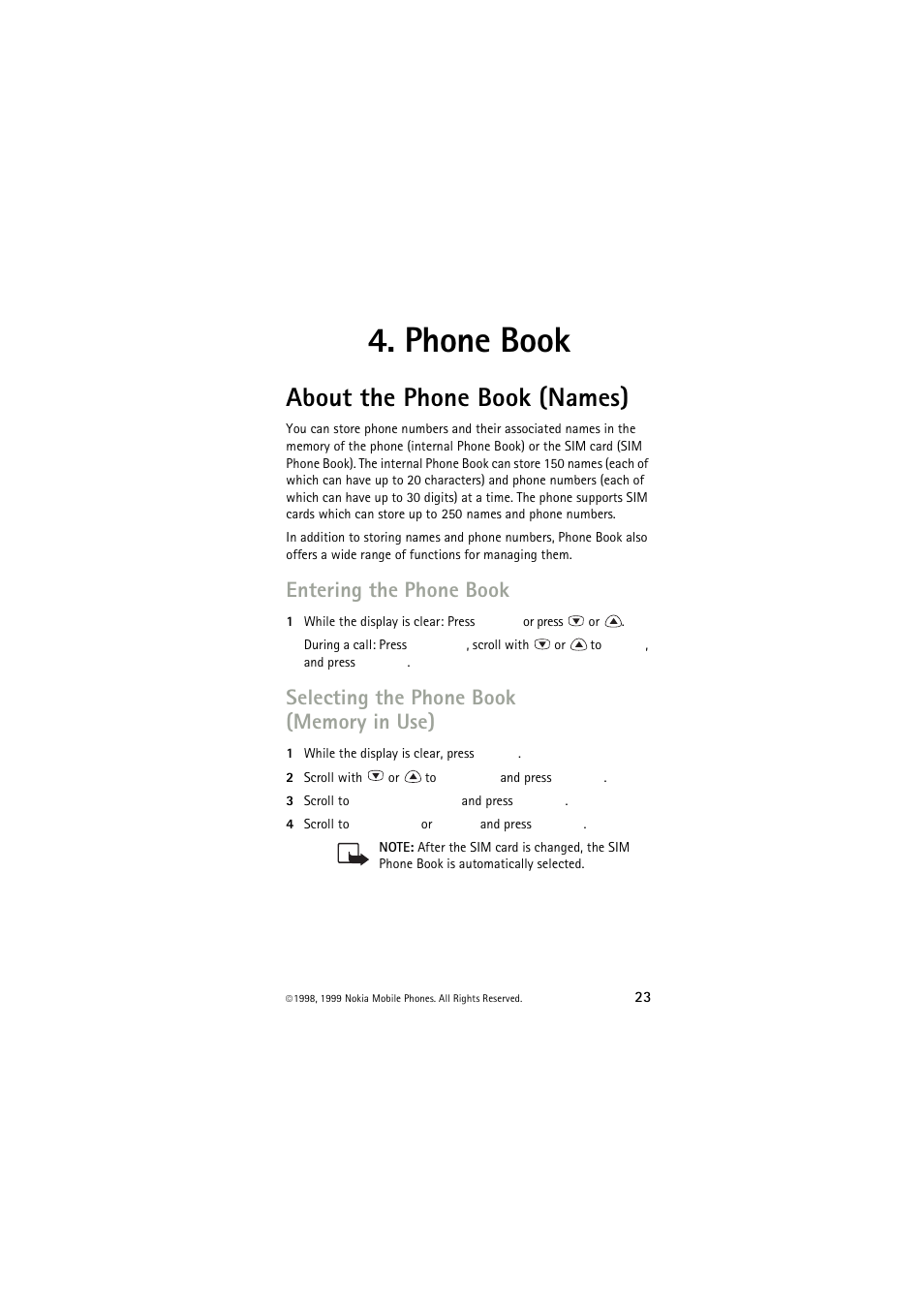 Phone book, About the phone book (names), Entering the phone book | Selecting the phone book (memory in use), About the phone book (names) .23 | Nokia 6150 User Manual | Page 23 / 84