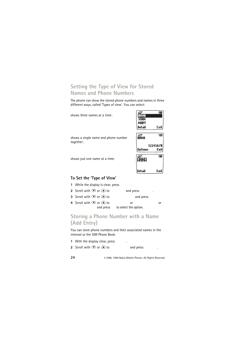 To set the ‘type of view, Storing a phone number with a name (add entry) | Nokia 6150 User Manual | Page 24 / 84