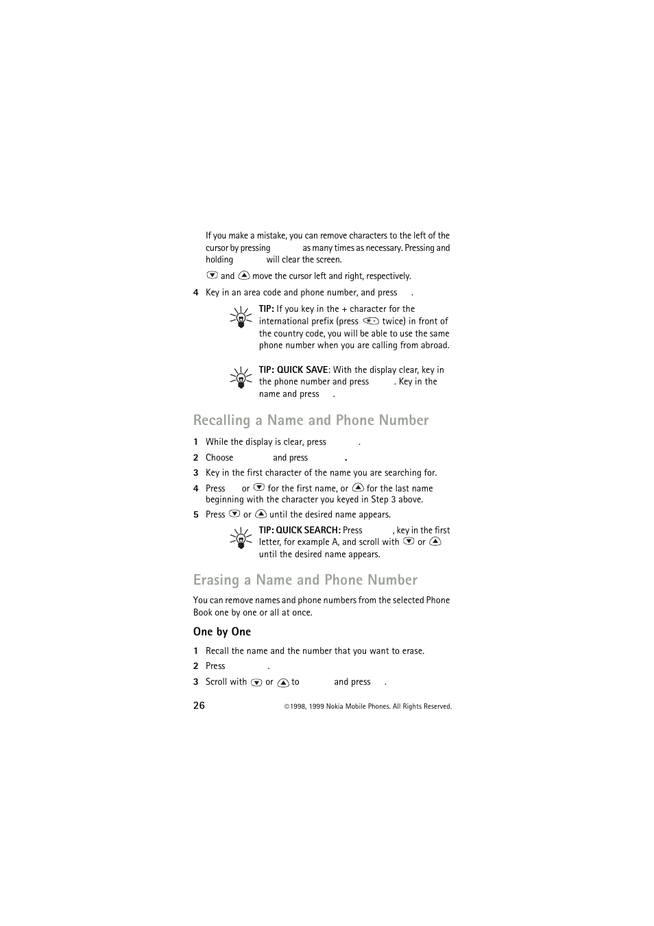 Recalling a name and phone number, Erasing a name and phone number, One by one | Nokia 6150 User Manual | Page 26 / 84