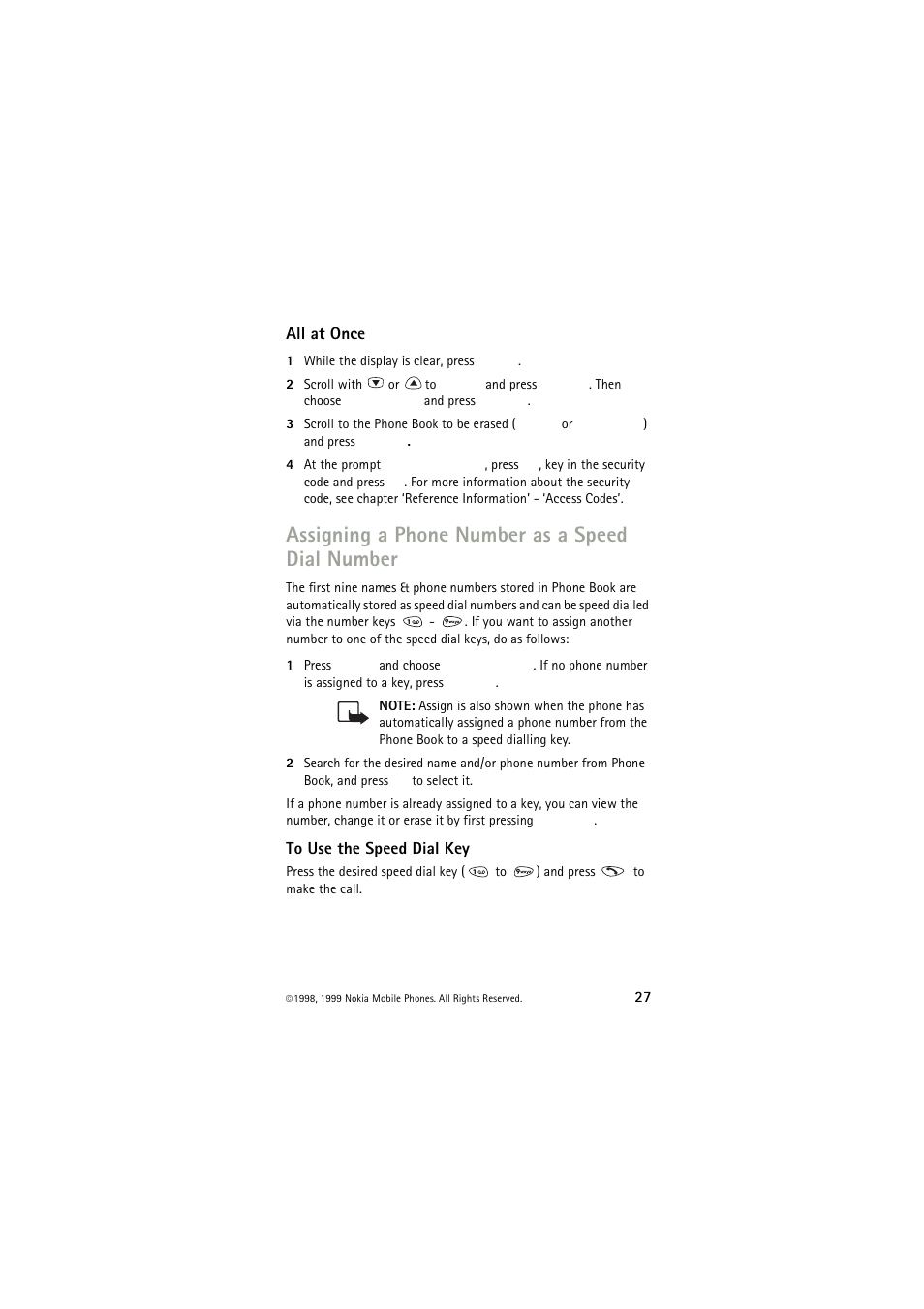 All at once, Assigning a phone number as a speed dial number, To use the speed dial key | Nokia 6150 User Manual | Page 27 / 84